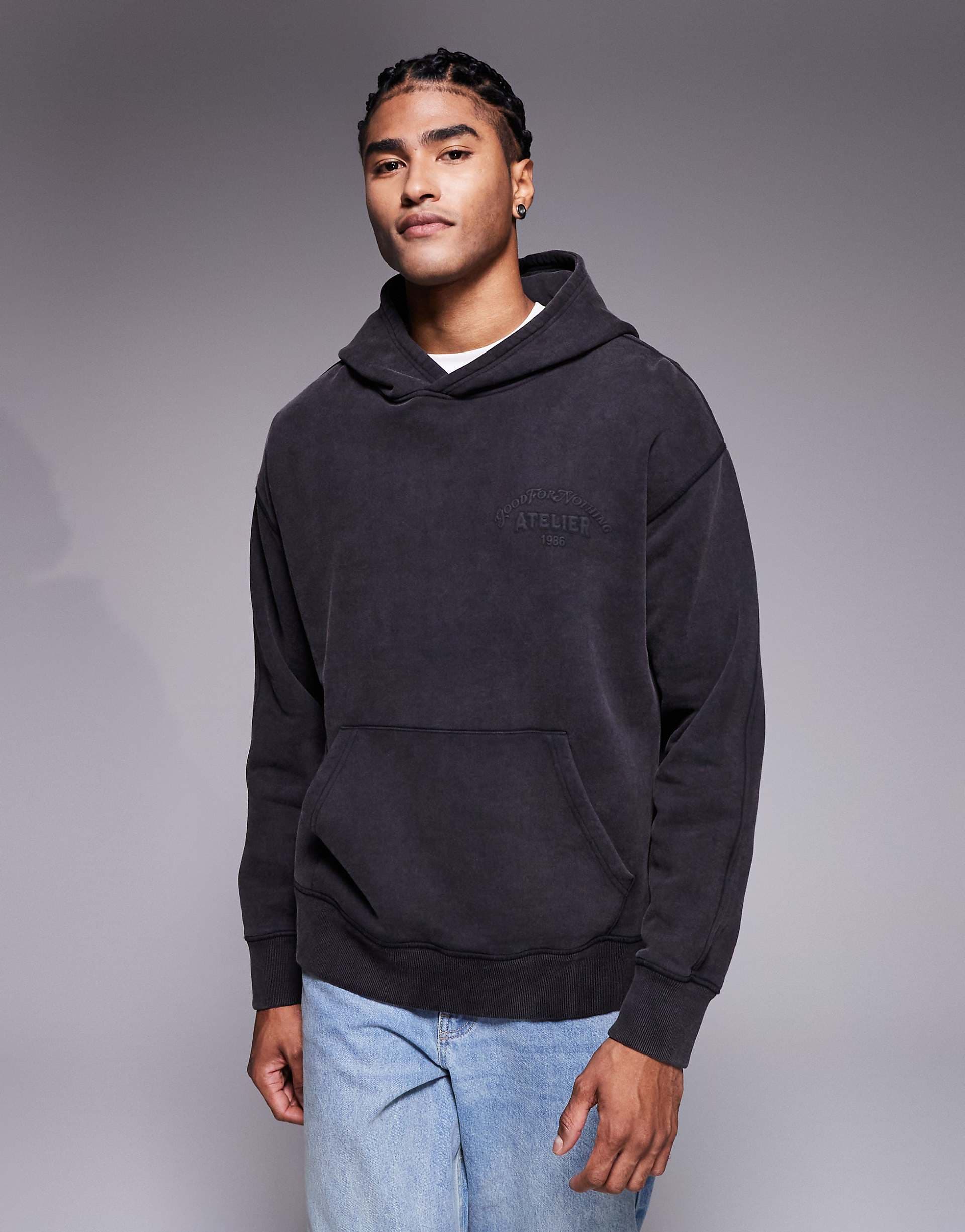 Good For Nothing oversized pullover hoodie in washed black with butterfly back print
