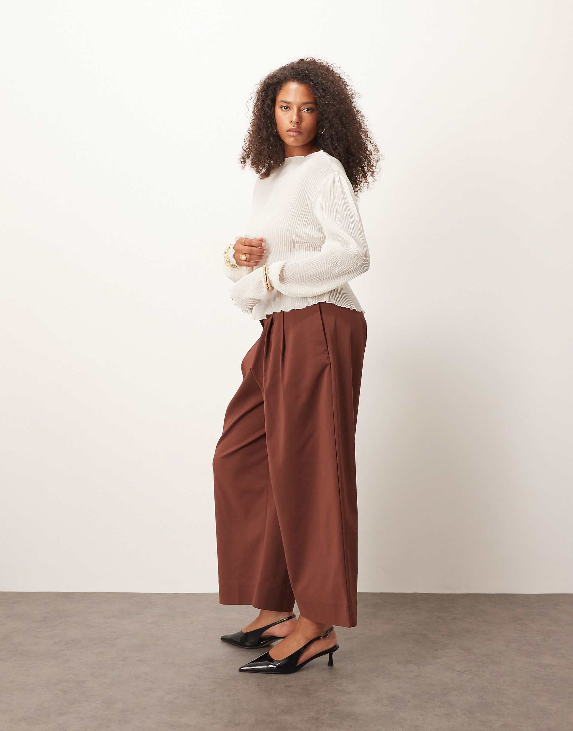 ASOS DESIGN Curve tailored cropped adjustable tab waist pants in chocolate