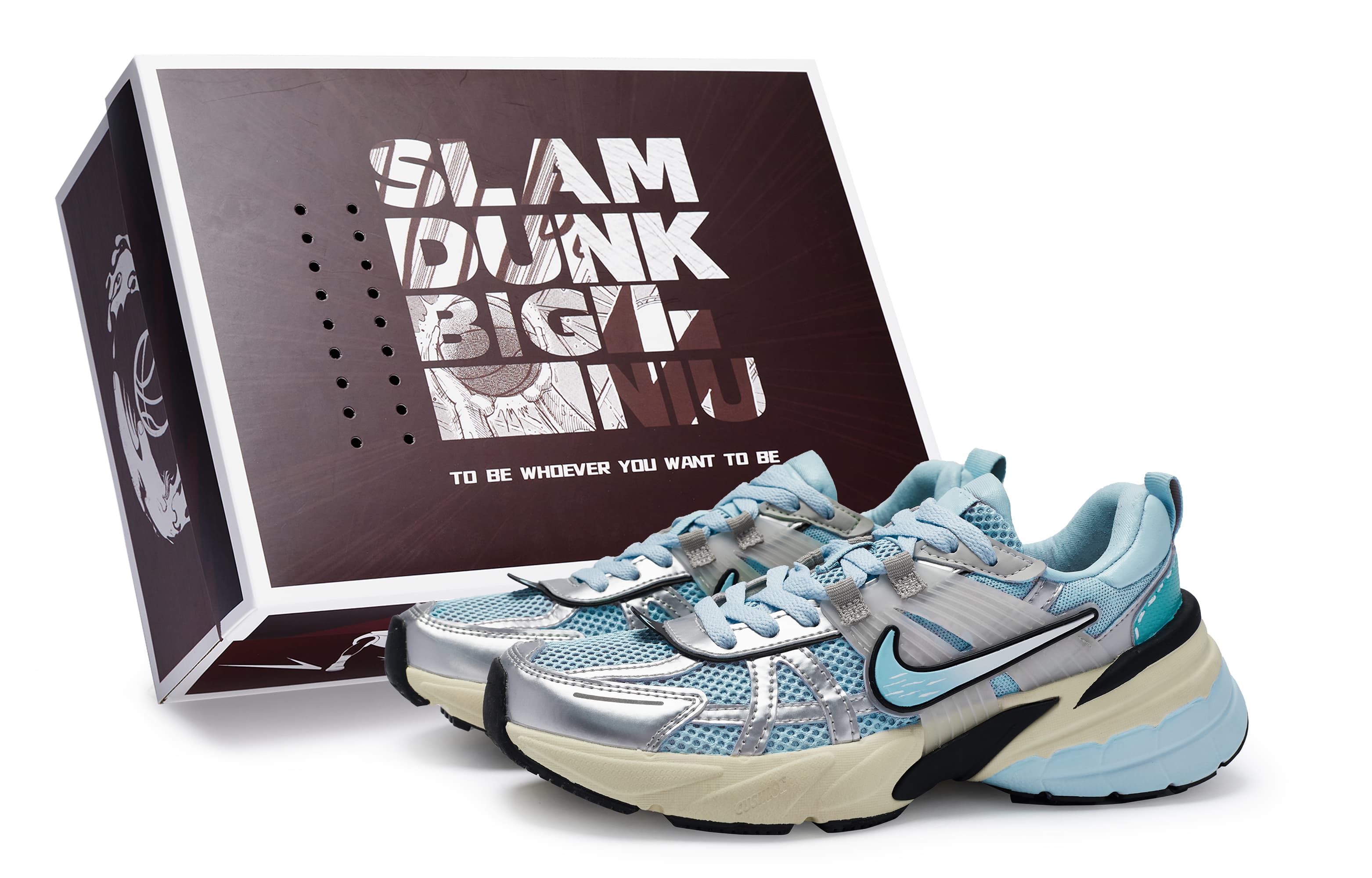 Nike V2K Run Cushioned Slip-Resistant Low-Top Running Shoes Women's Blue Silver Black