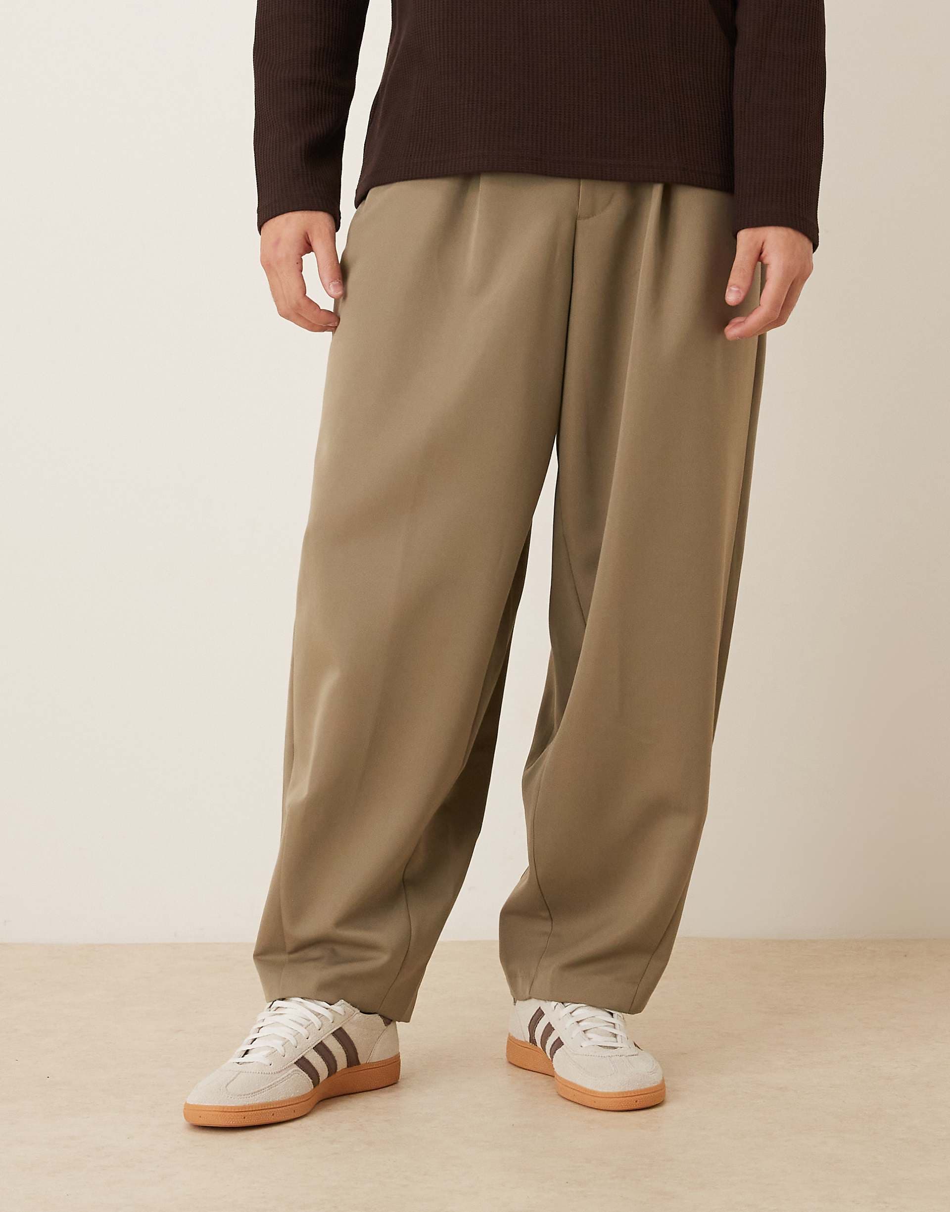 ASOS DESIGN tailored pleated wide barrel leg pants in khaki