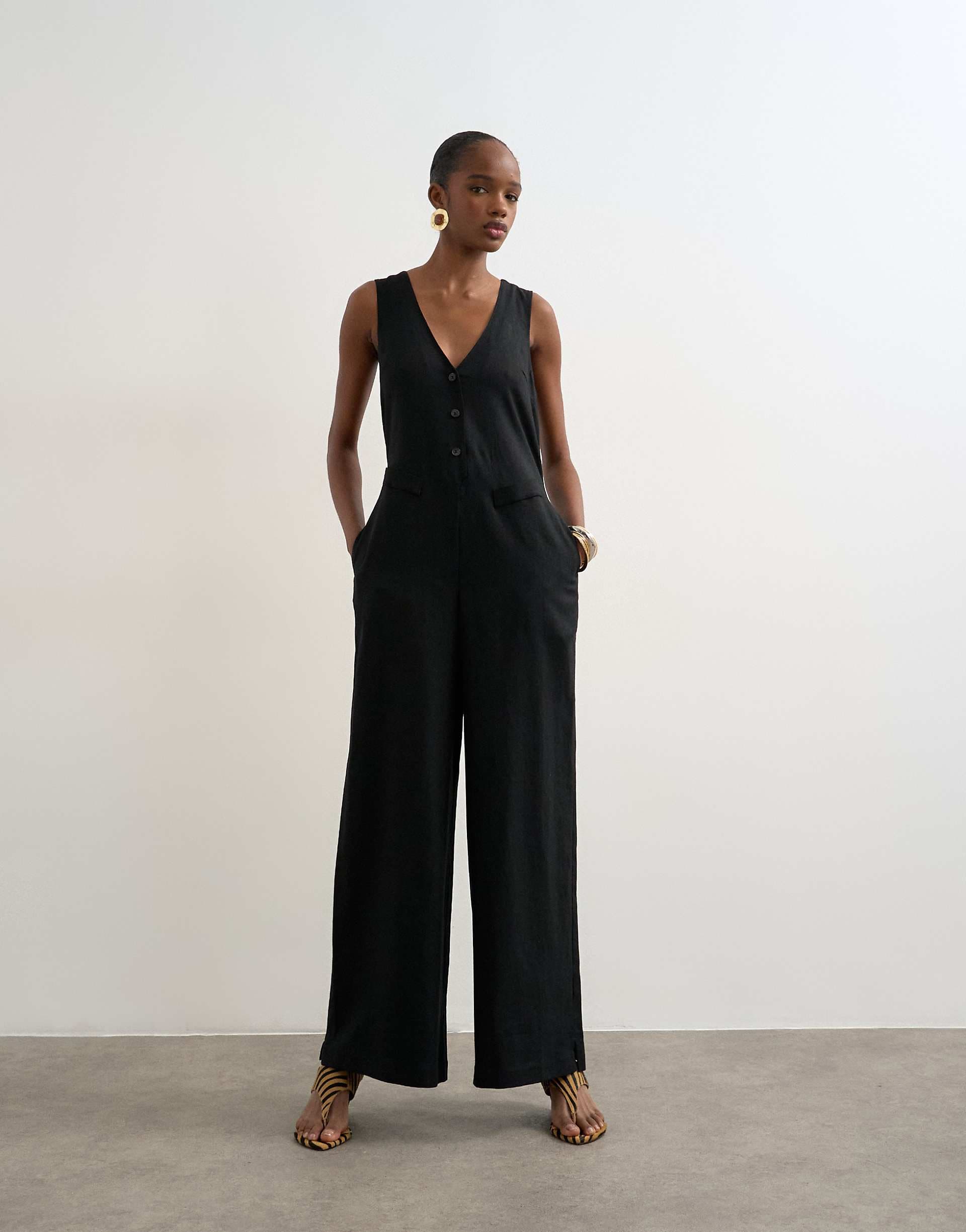 Topshop tailored linen blend jumpsut in black