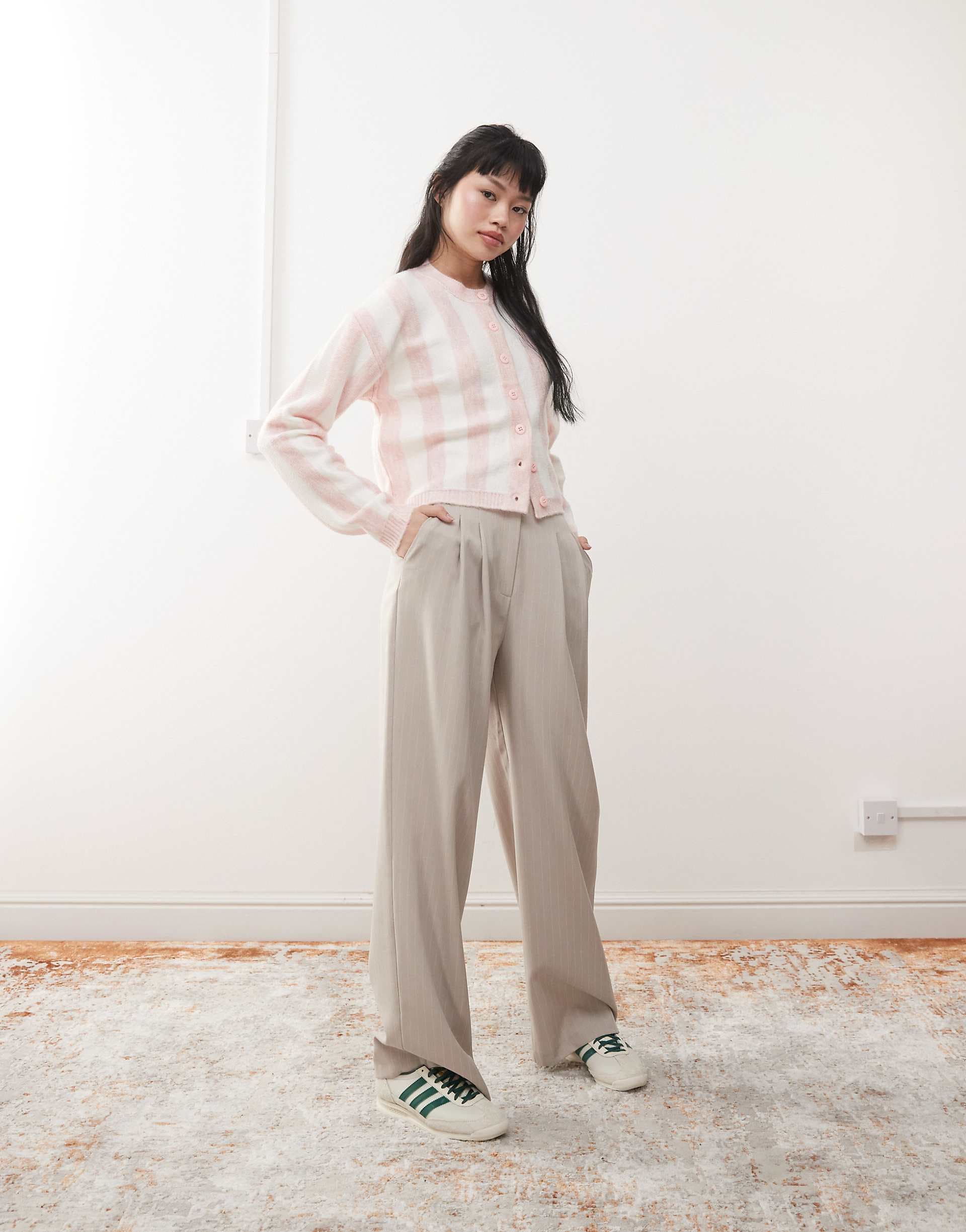 Miss Selfridge wide leg tailored pants in beige pinstripe