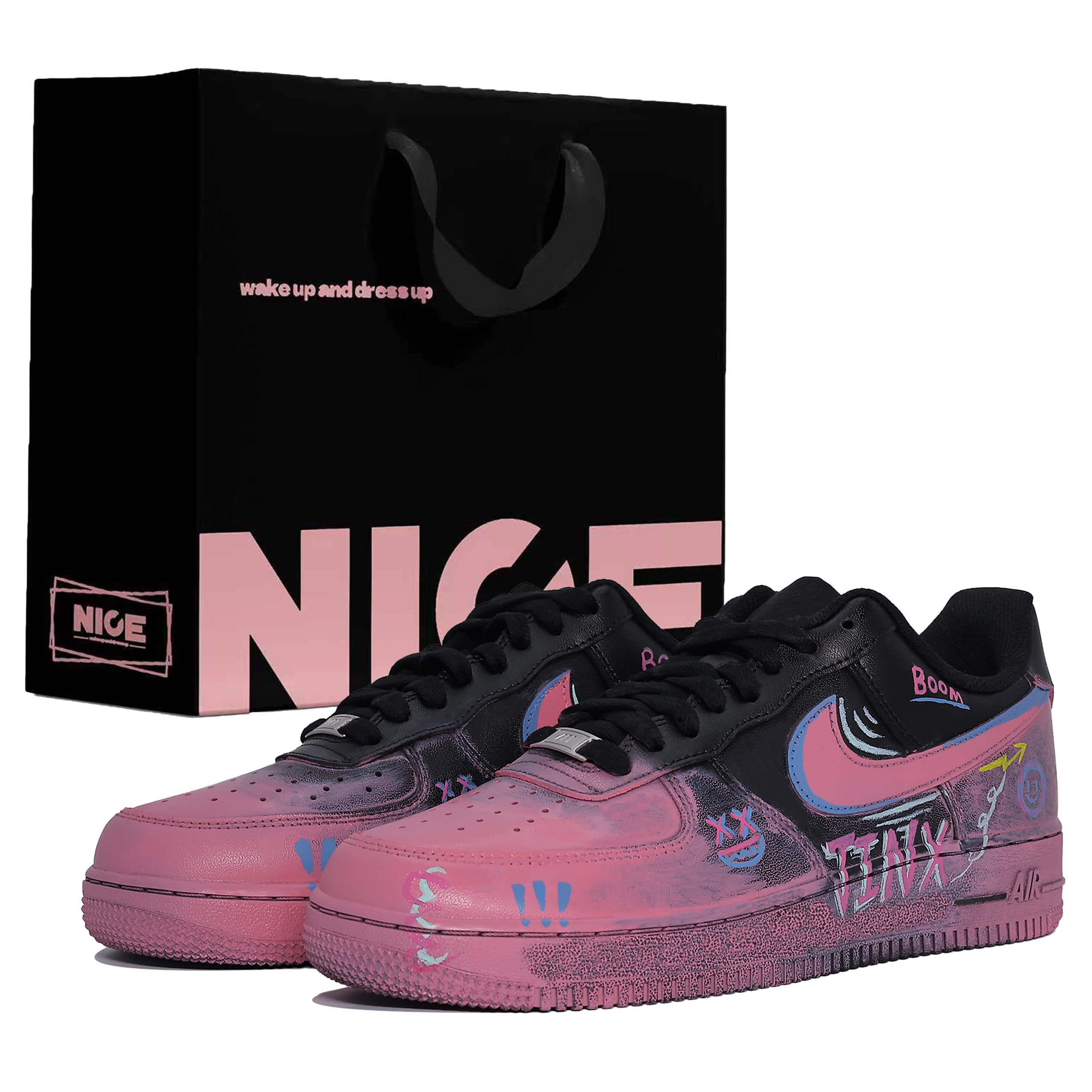Custom Sneakers Nike Air Force 1 'Cyberpunk' Gift Bag Version Deconstructed Freedom New Trend Fashion Streetwear Trendy Versatile Cushioned Wear-Resistant Low-Top Skate Shoes Unisex Black Pink