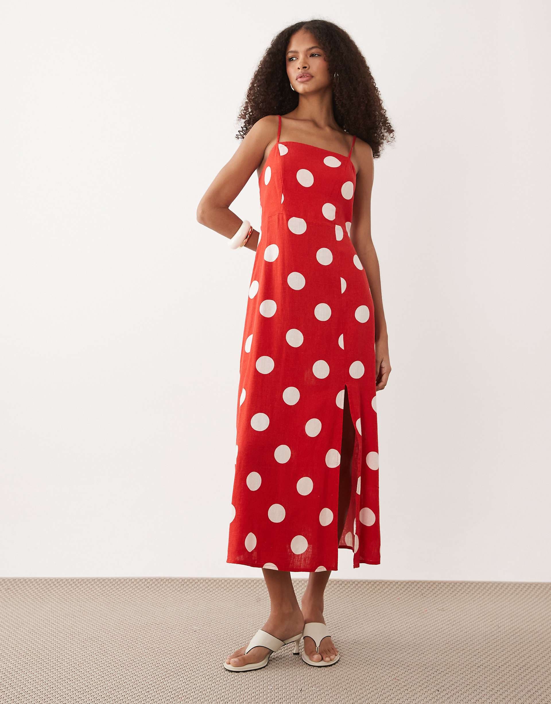 Nobody's Child Maddy linen rich smocked back cami midi dress in red polka dots