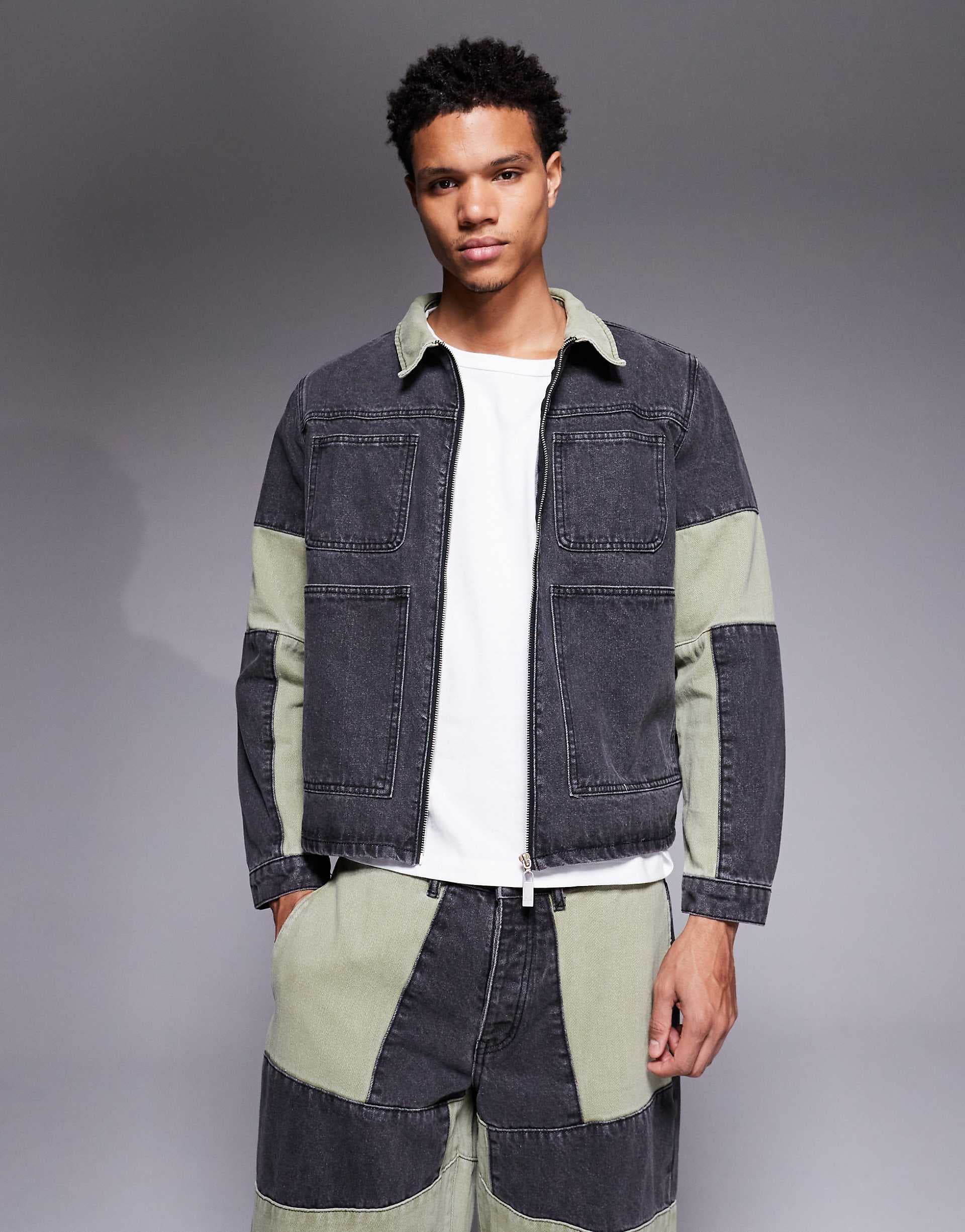 Liquor N Poker relaxed zip denim biker panel jacket in multi - part of a set