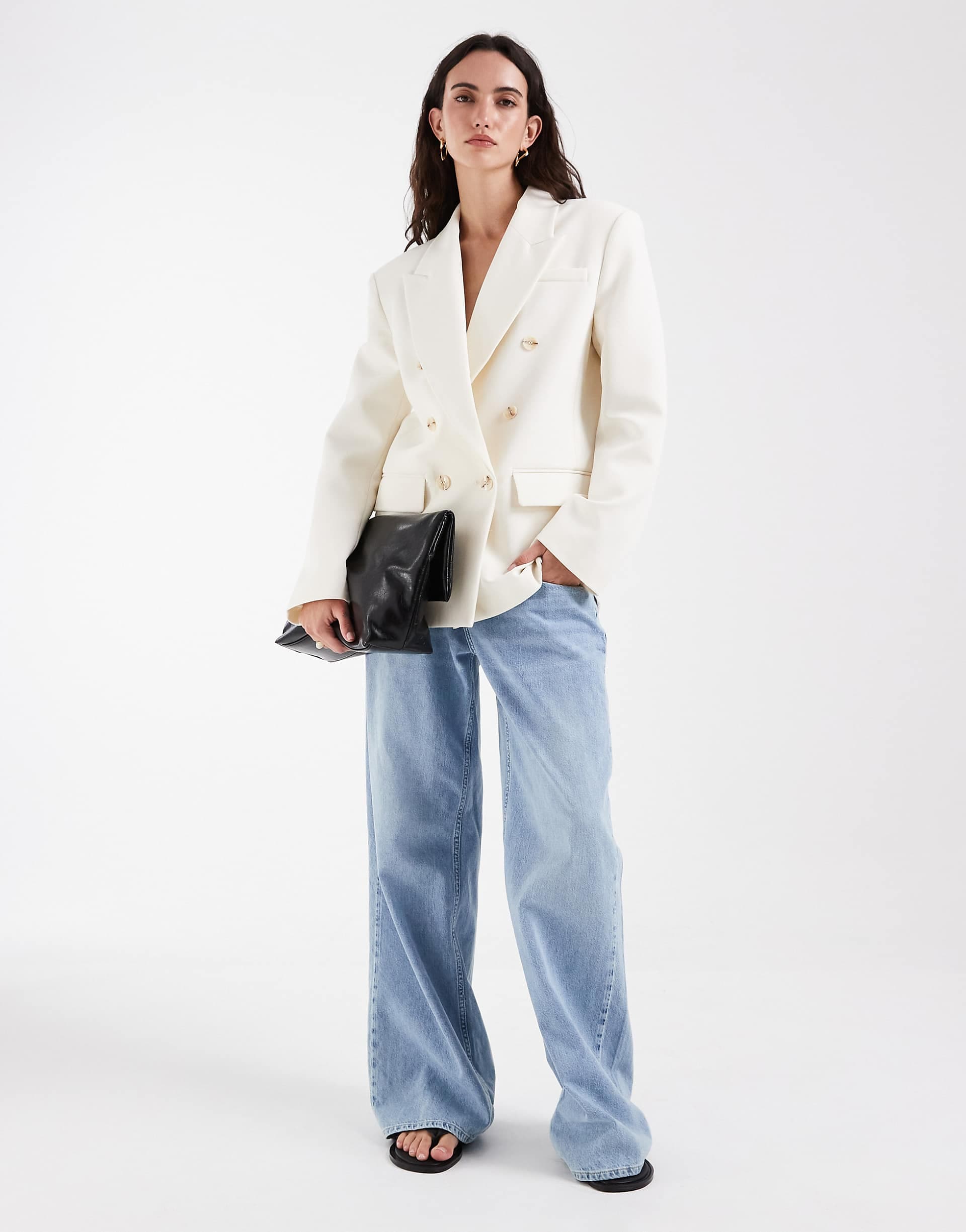 ASOS DESIGN power shoulder double breasted blazer in cream