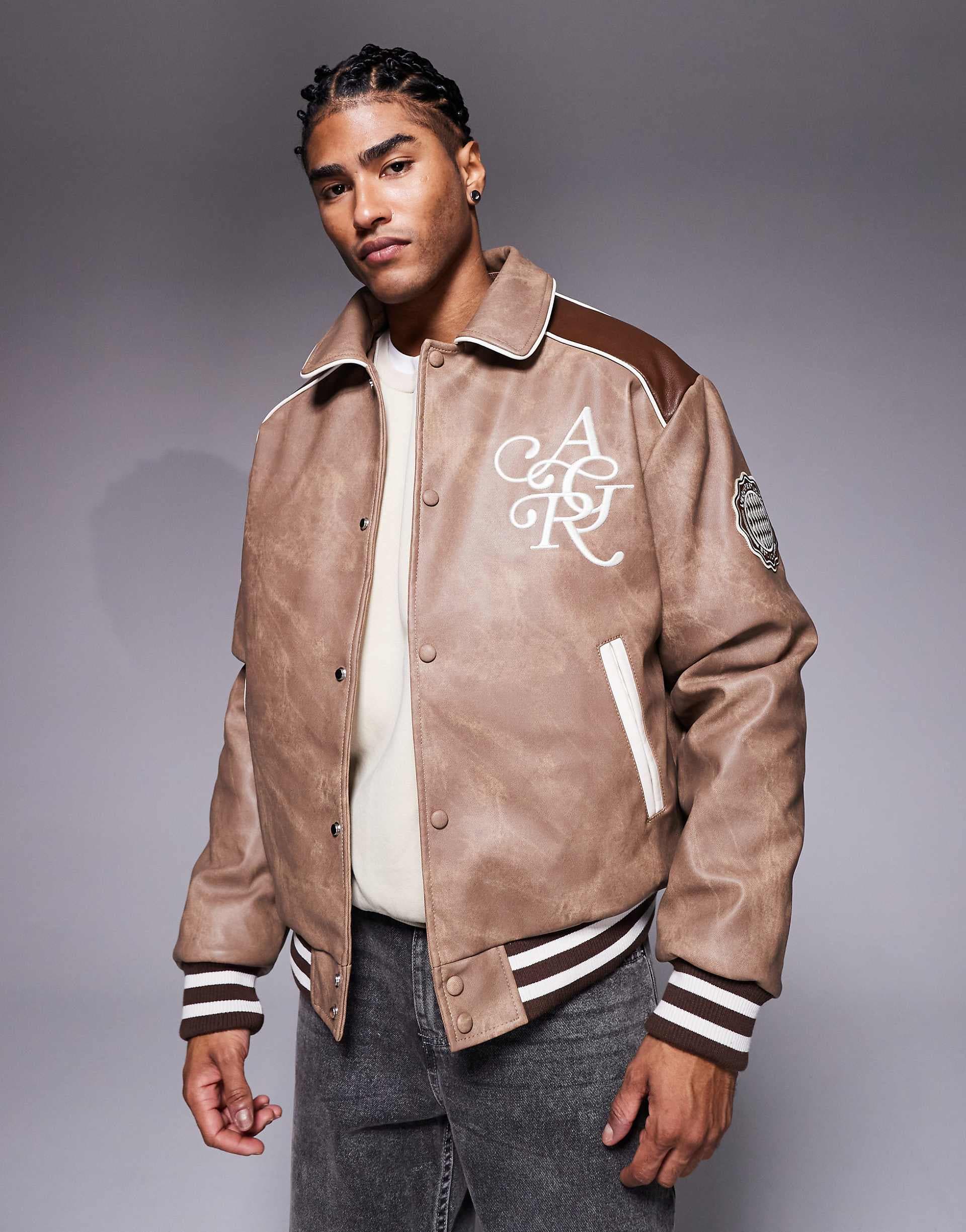 River Island marbled effect faux leather varsity jacket in brown