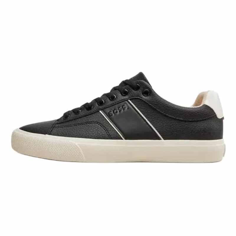 HUGO BOSS Leather Round Toe Lace-Up Flat Low-Top Sneakers Men's Black