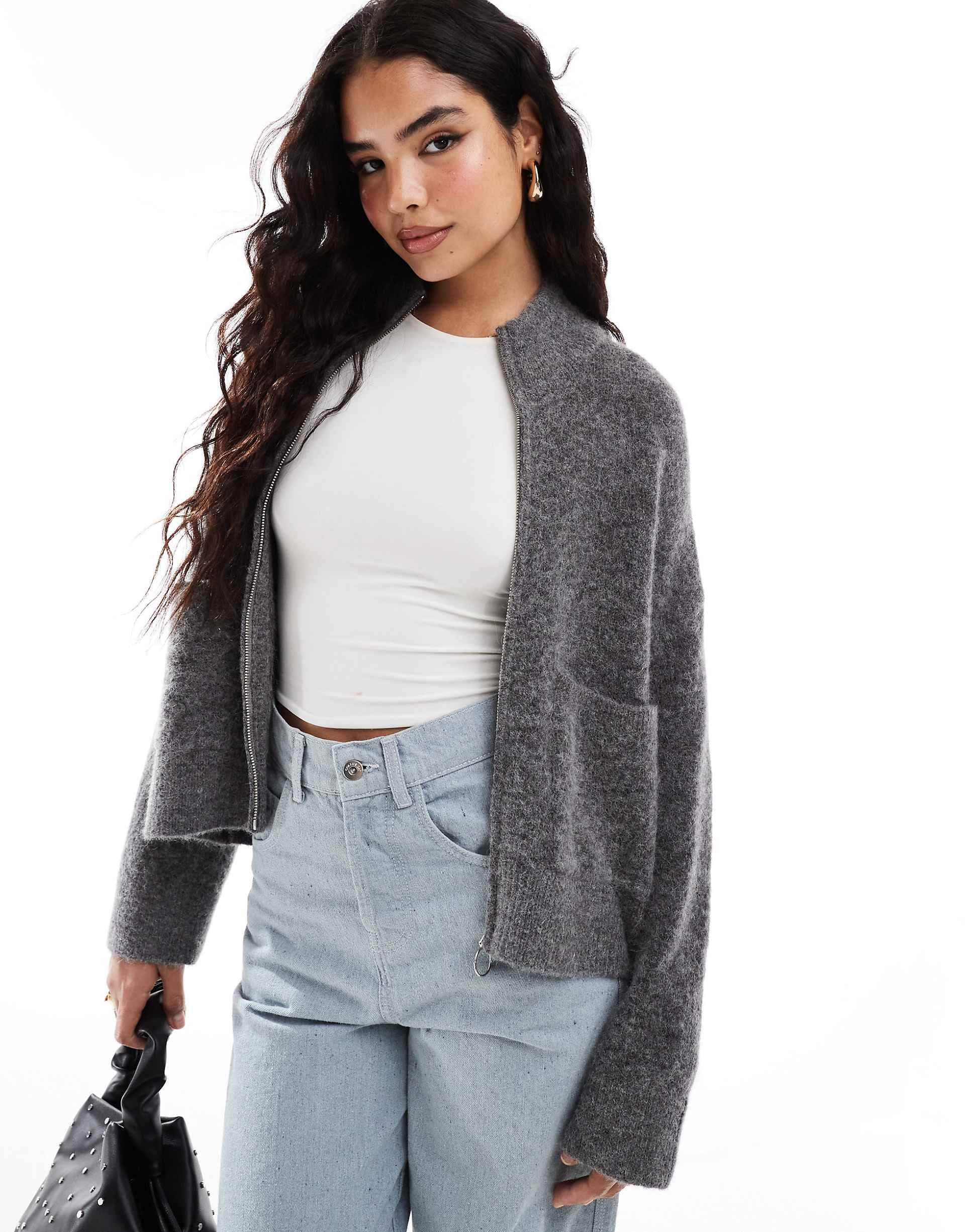 Selected zip up alpaca blend fluffy cardigan with pockets in gray