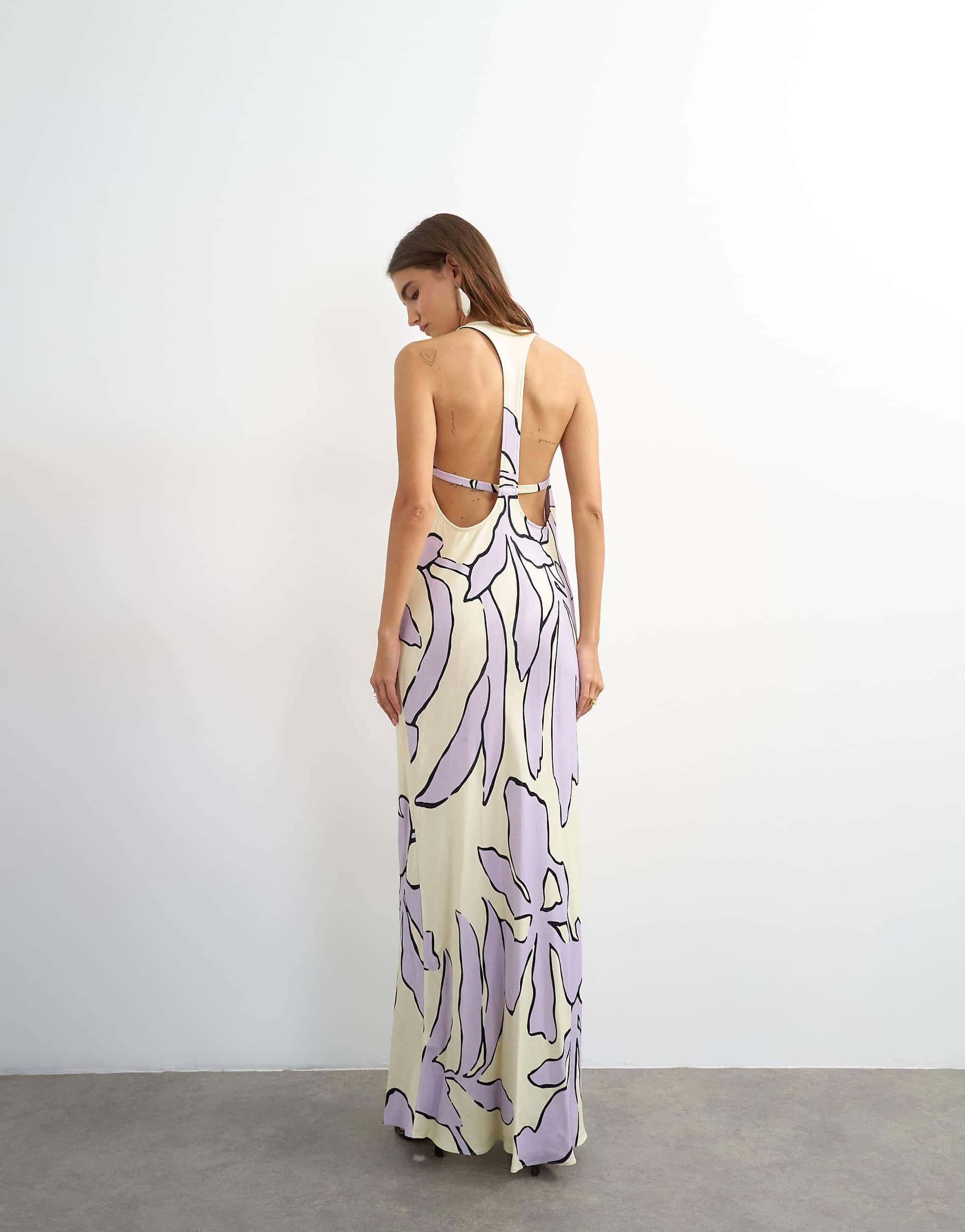 Topshop satin scoop neck maxi dress with stitched detailing in lilac and buttermilk floral
