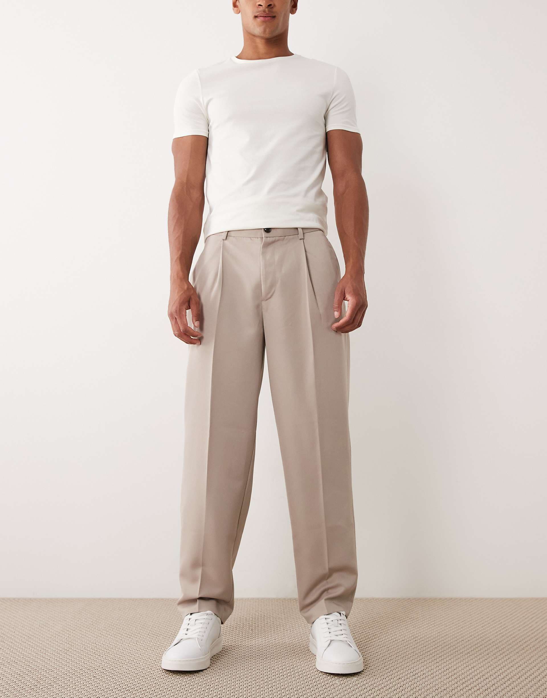 ASOS DESIGN smart pleated oversized tapered pants in stone