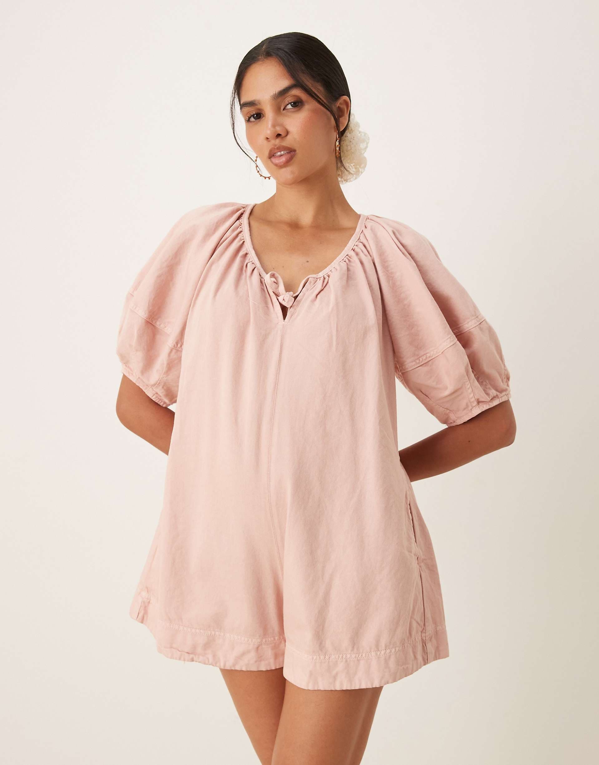ASOS DESIGN soft denim romper with balloon sleeves in pink