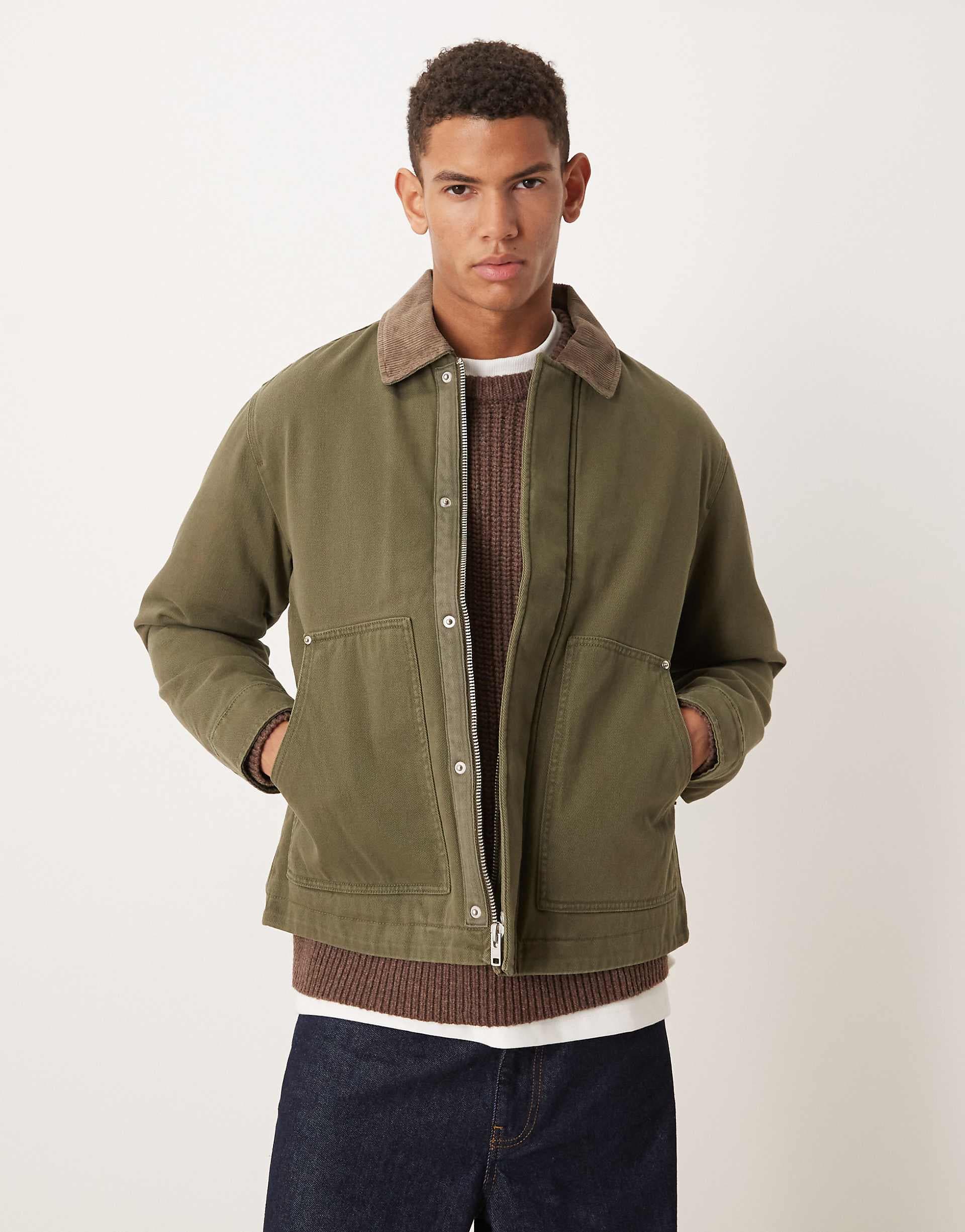 Abercrombie & Fitch padded worker jacket with corduroy collar in green