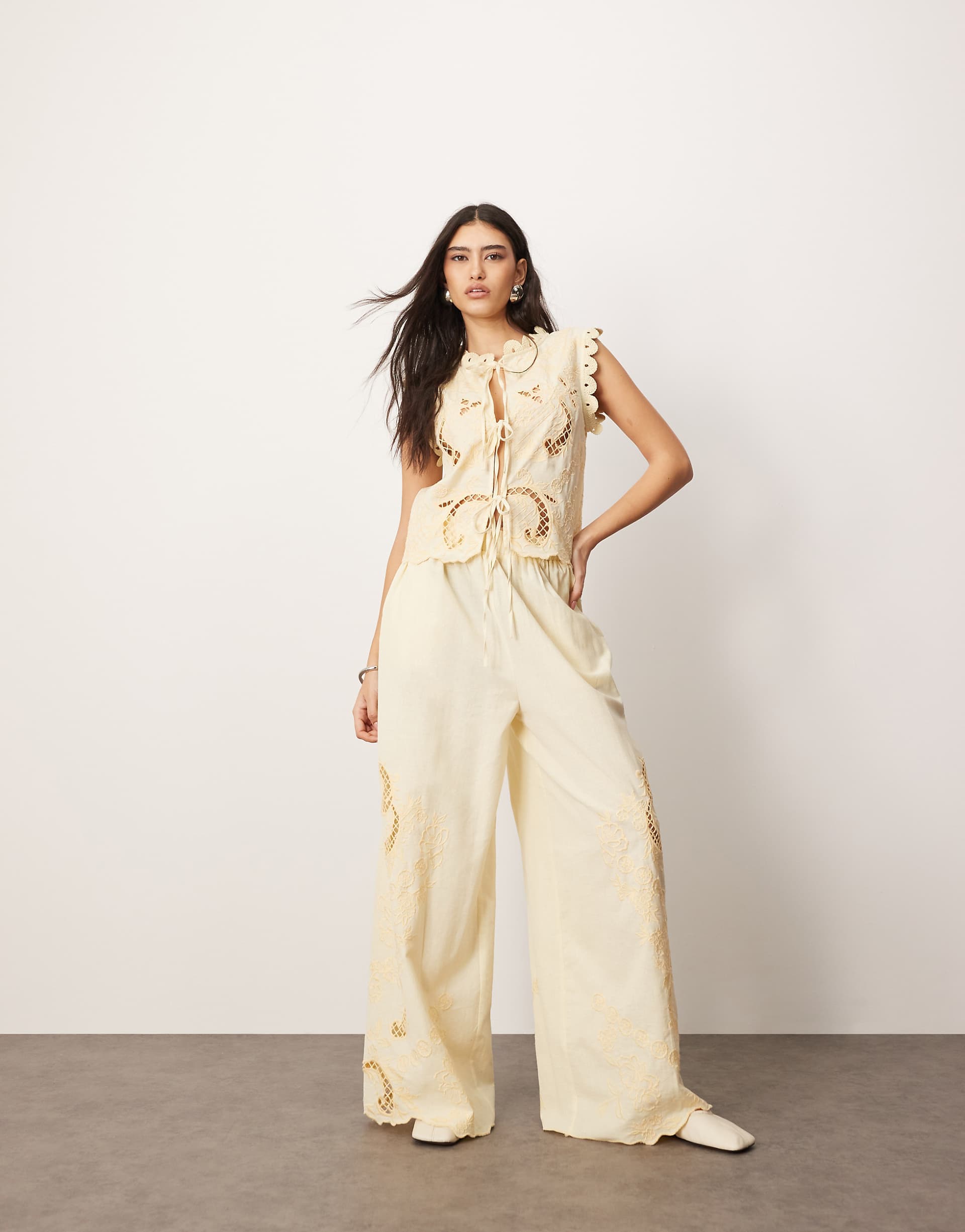 ARRANGE cotton embroidered cutwork straight leg pants in lemon