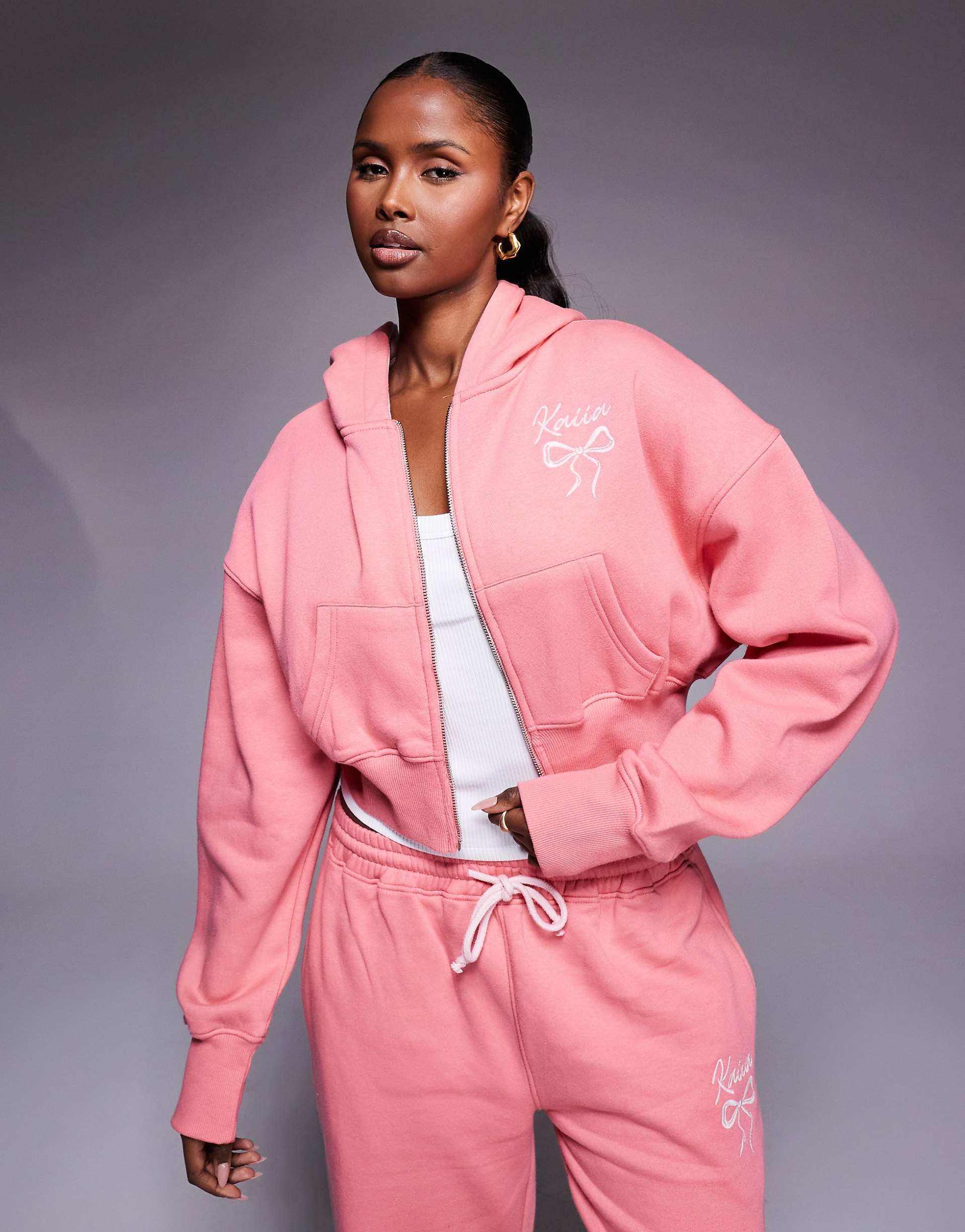 Kaiia embroidered bow logo cropped zip up hoodie in coral and baby pink - part of a set