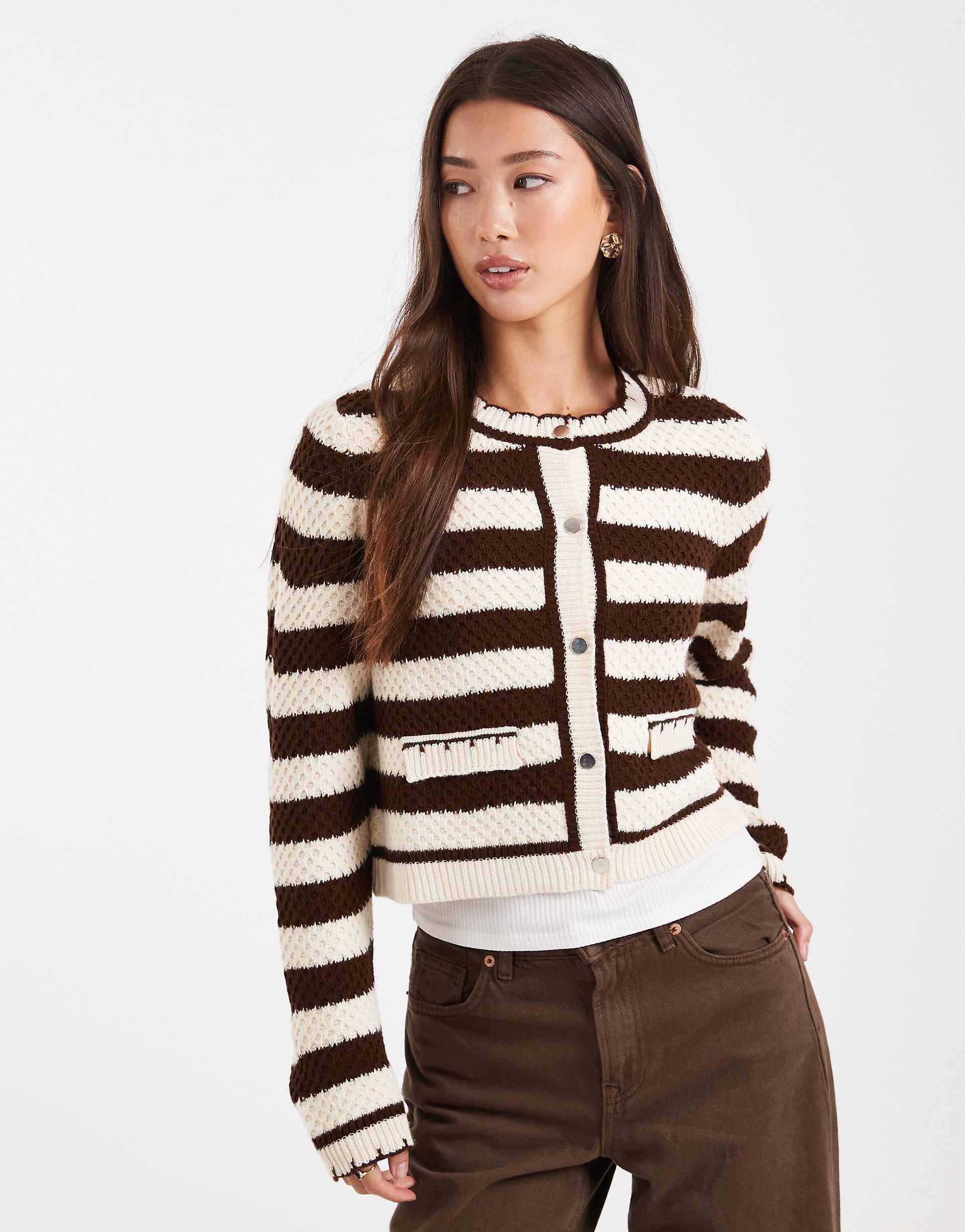 Miss Selfridge double pocket striped blanket stitch cardigan in buttermilk