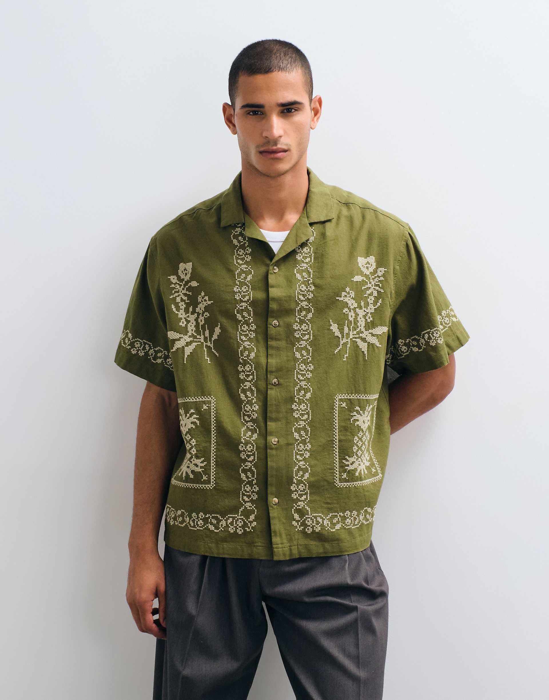 ASOS DESIGN oversized shirt with linen and cross stitch embroidery in khaki