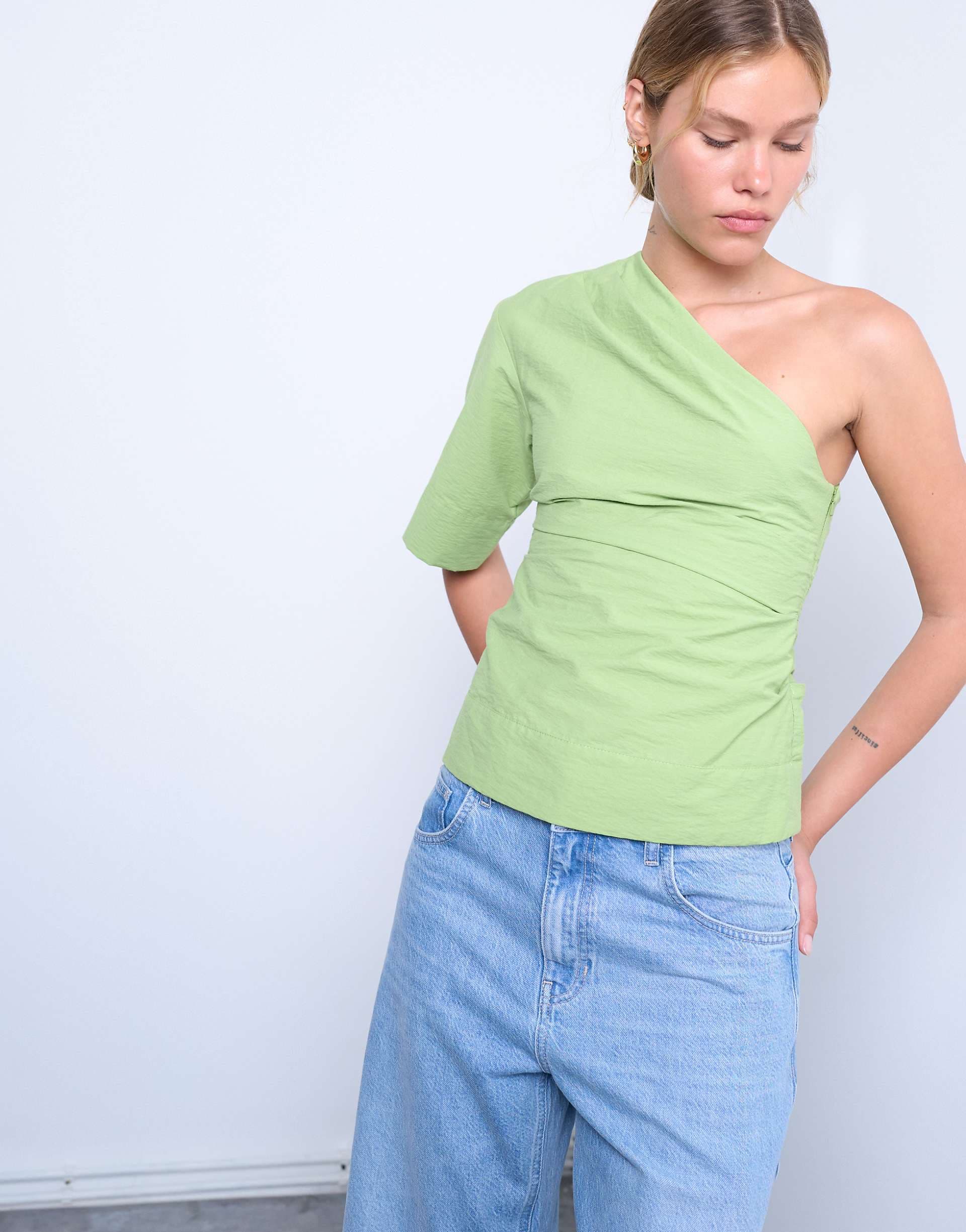 Topshop off the shoulder drape neck top in avocado green