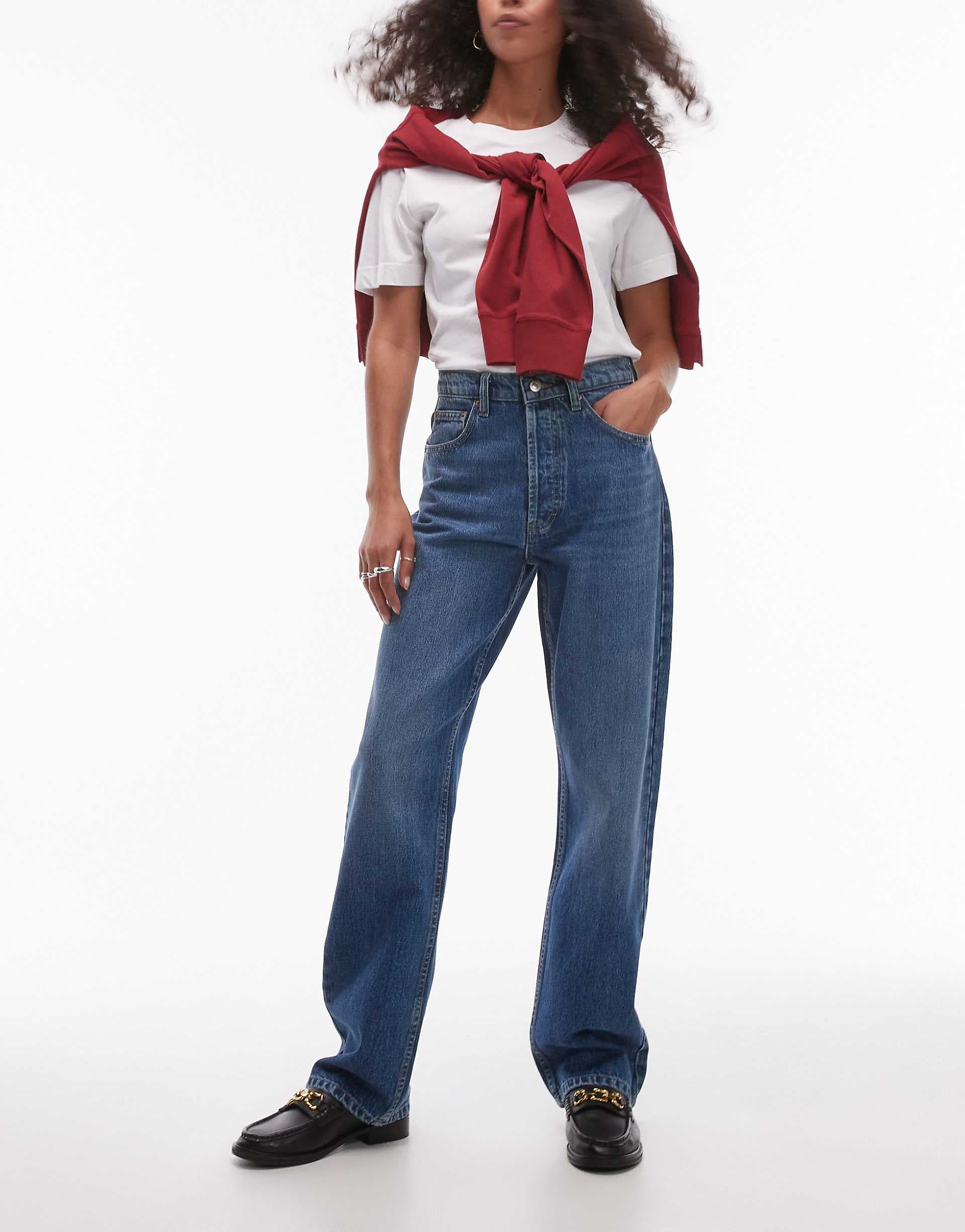 Topshop Kort high rise straight jean in mid blue