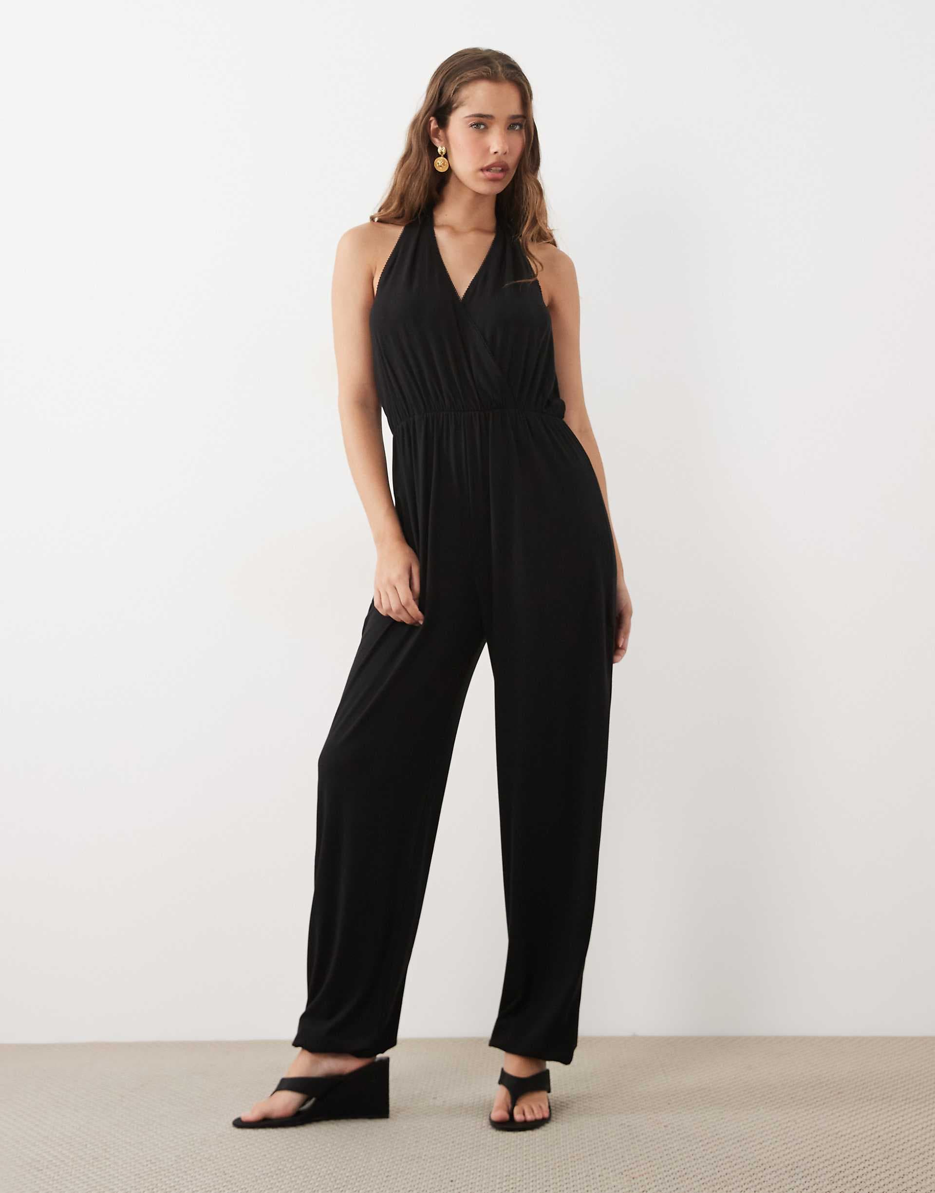 Miss Selfridge wrap jumpsuit with scallop trim in black