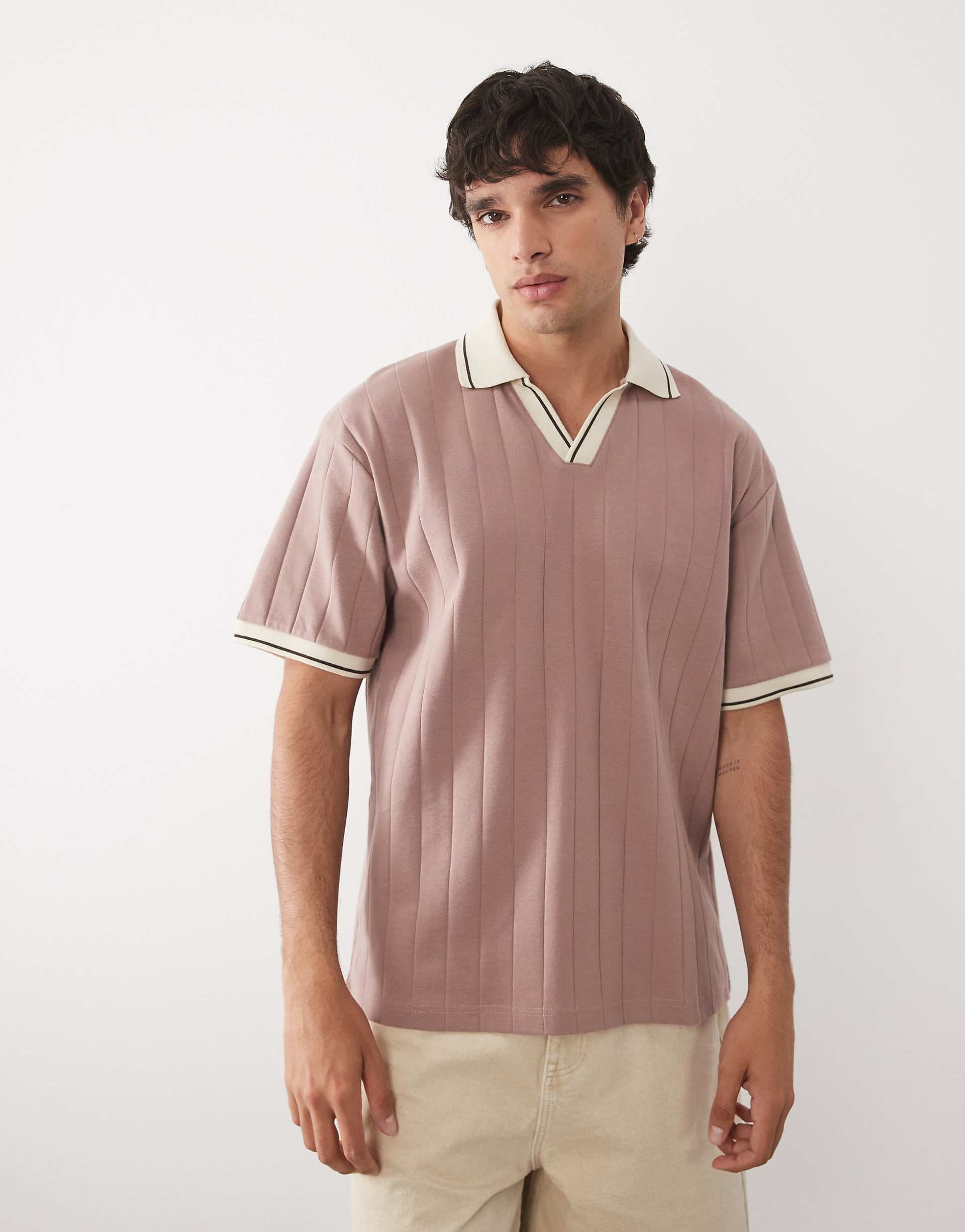 ASOS DESIGN relaxed notch polo in brown wide rib
