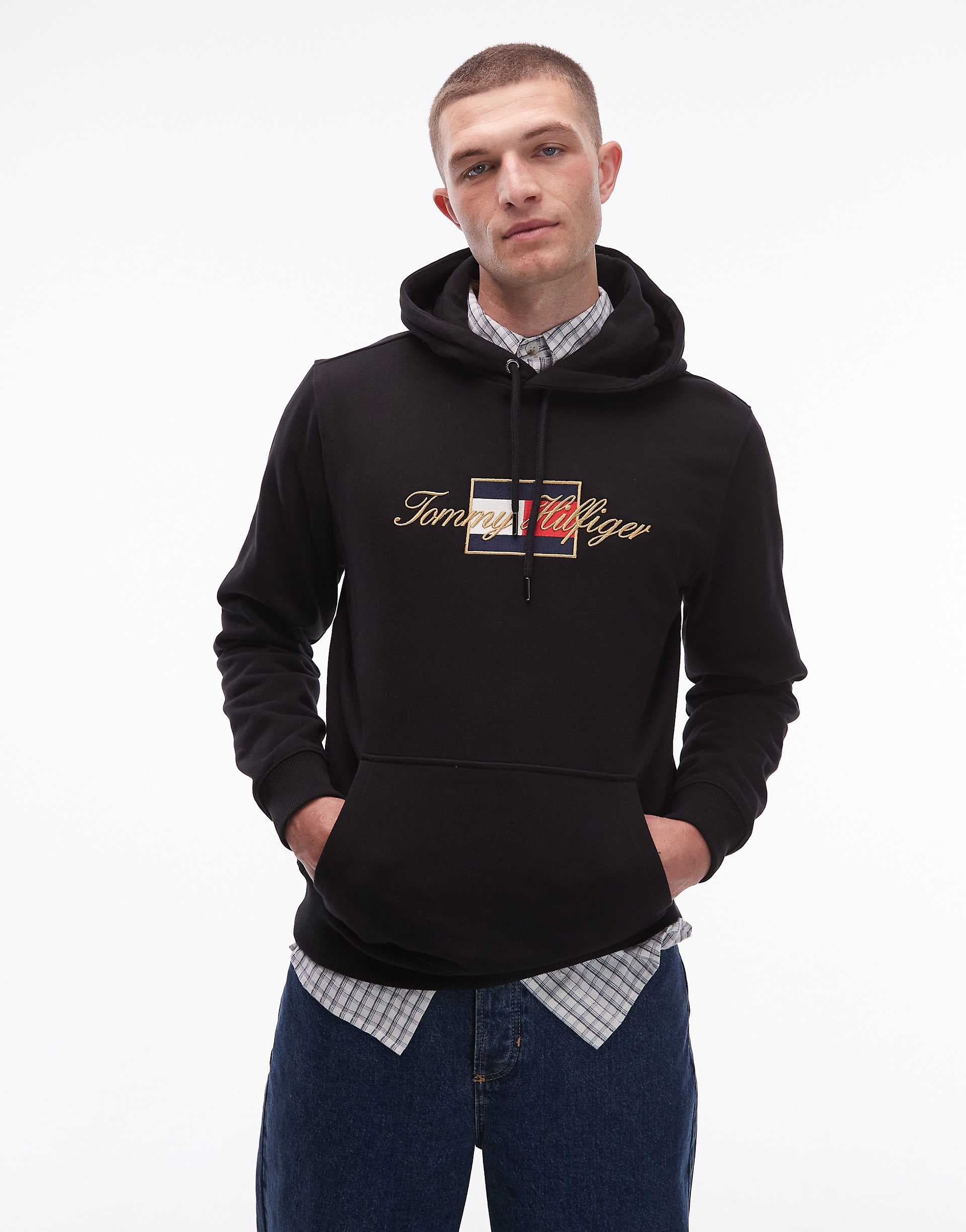Tommy Hilfiger flag logo graphic hoodie in black with gold detail