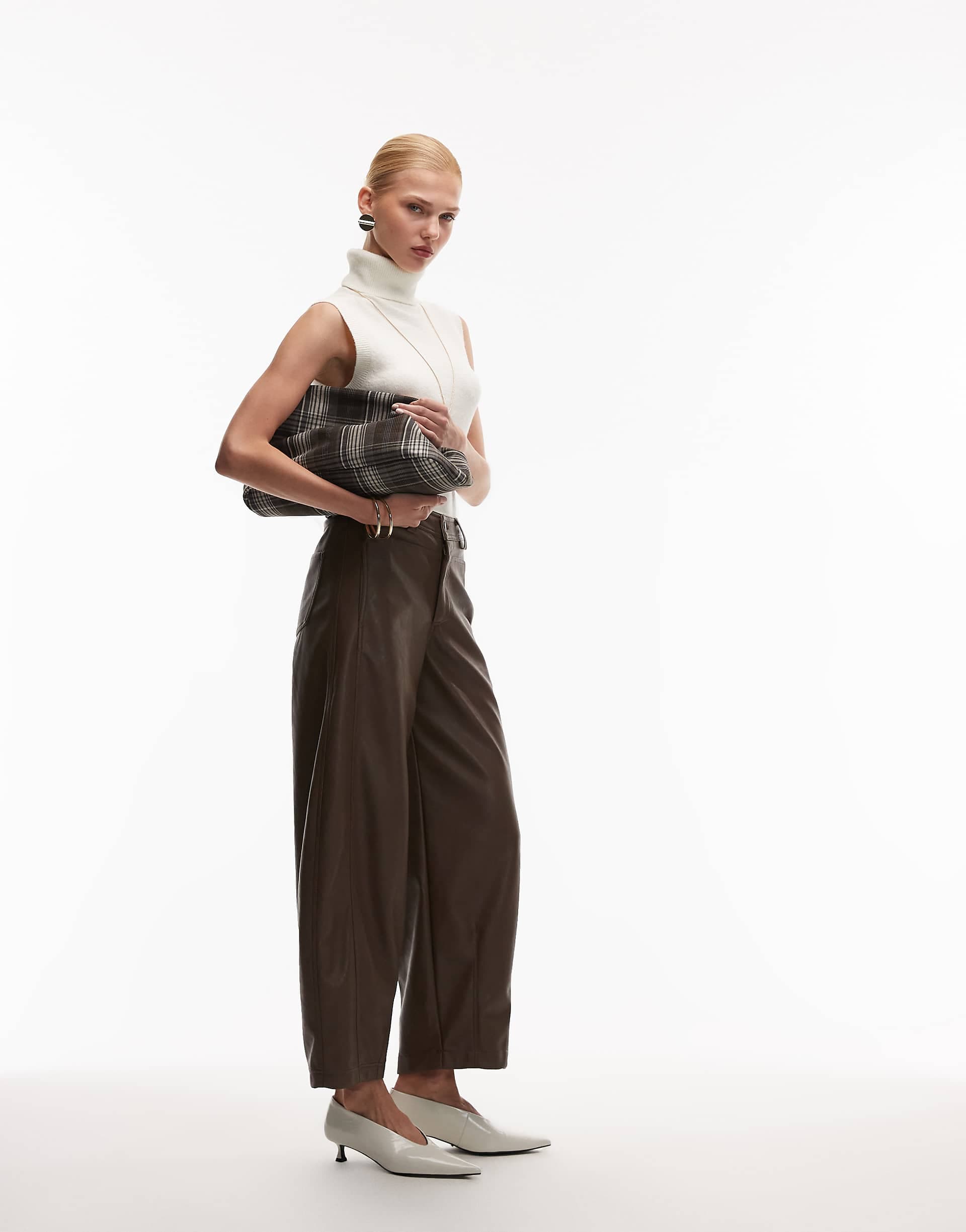 ASOS DESIGN faux leather barrel leg pants with seam detail in mocha