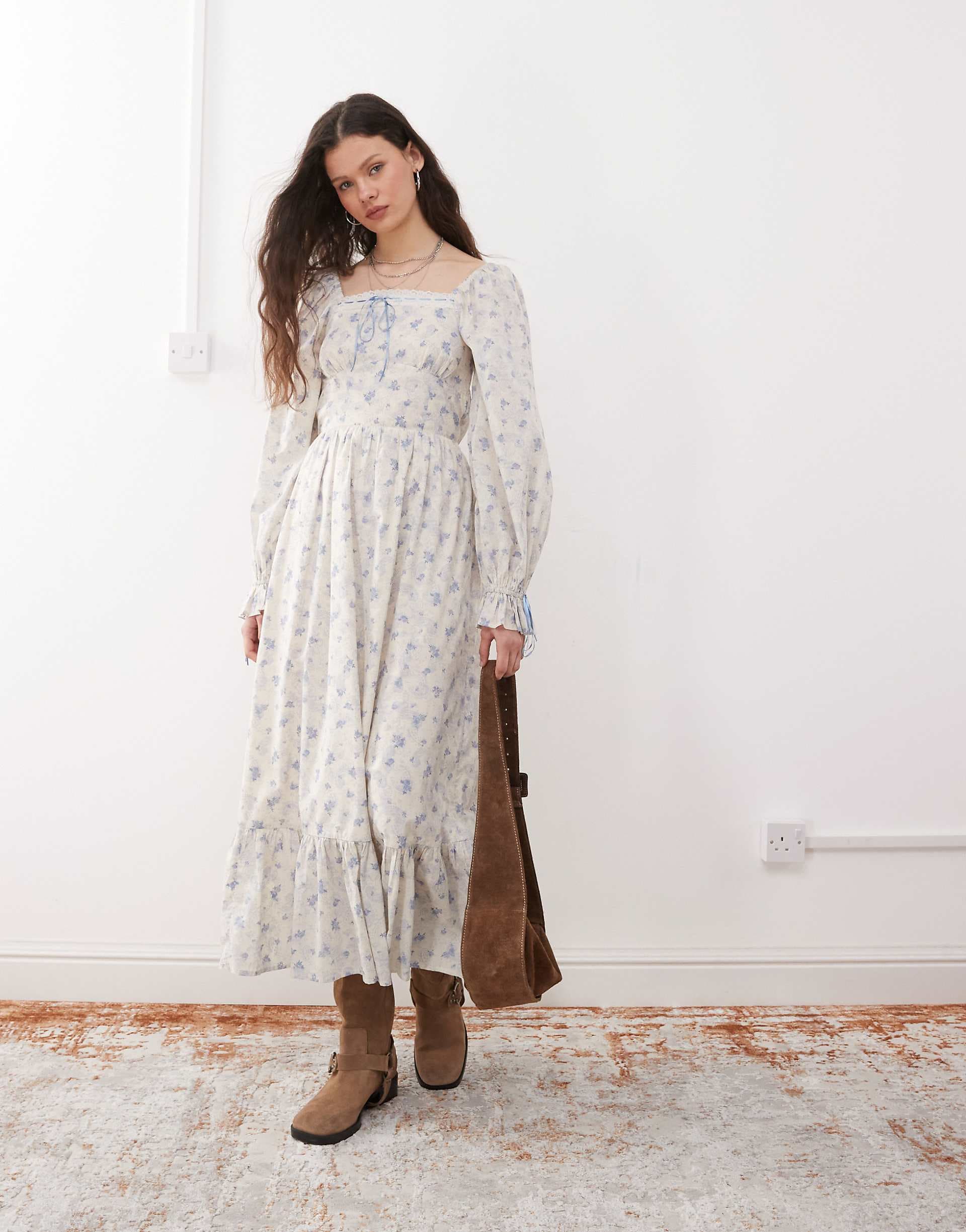 Miss Selfridge milkmaid maxi dress in blue floral print