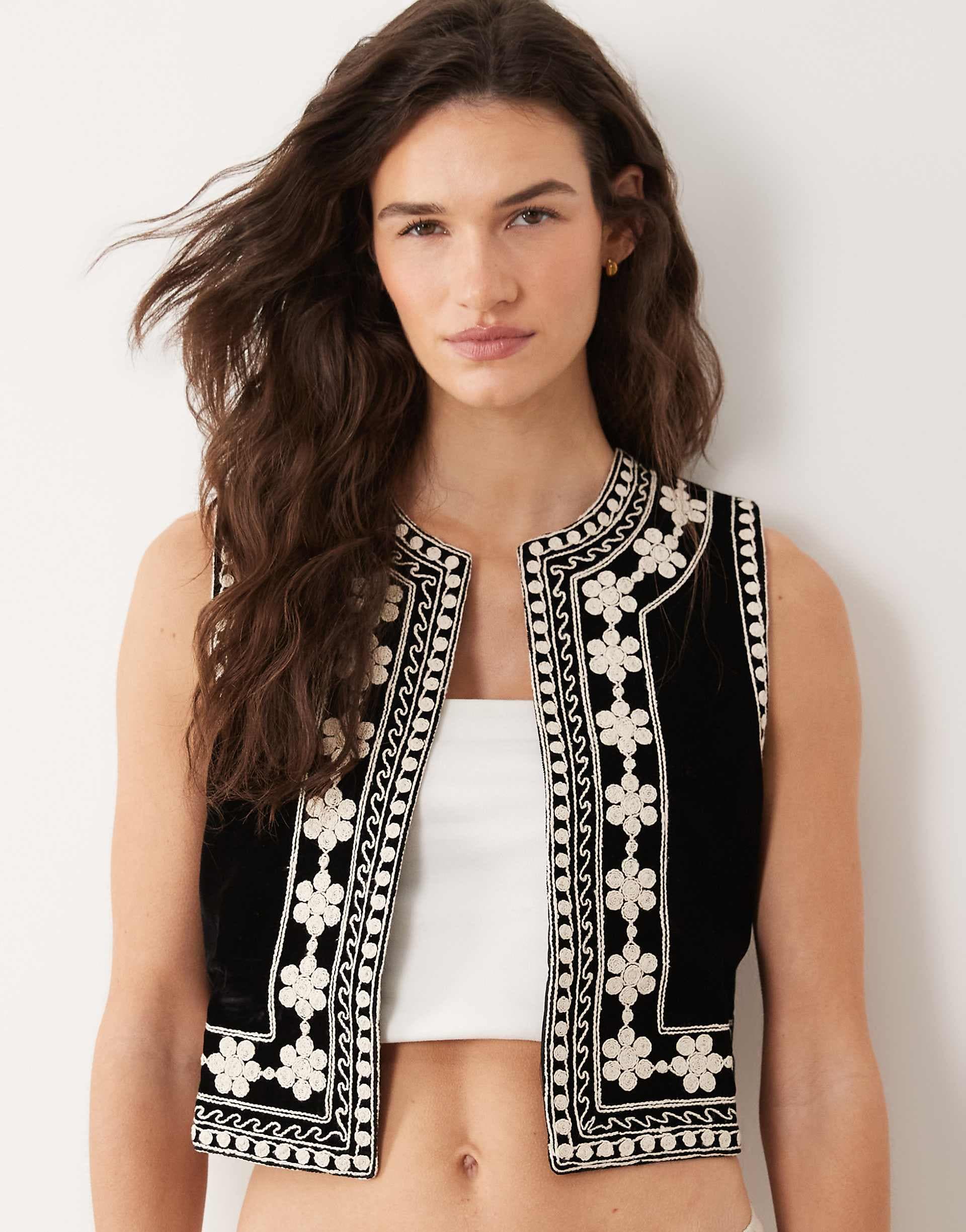 Miss Selfridge embroidered velvet vest in black