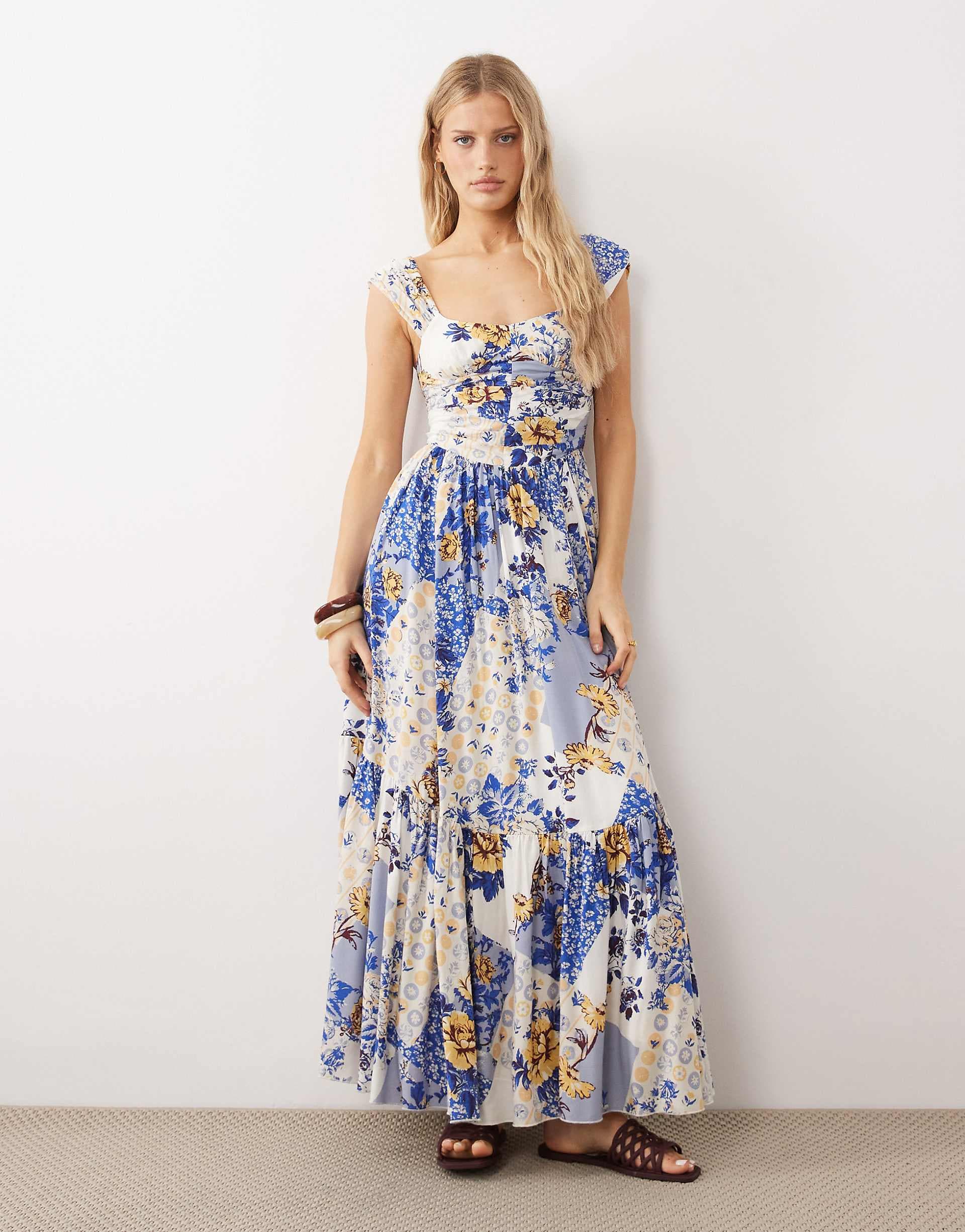 Free People corset style drop waist maxi dress in blue white floral