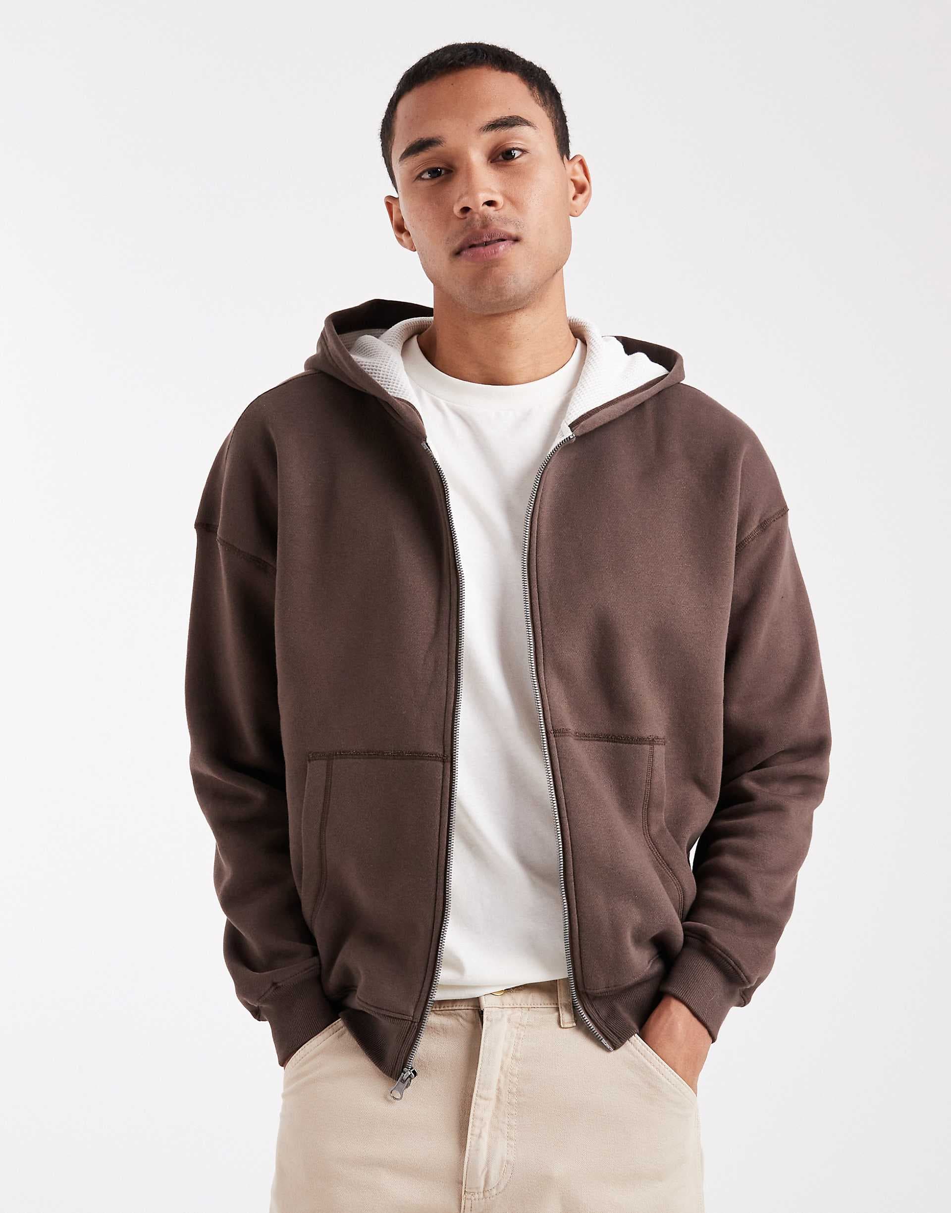 Hollister boxy lined zip up hoodie in brown