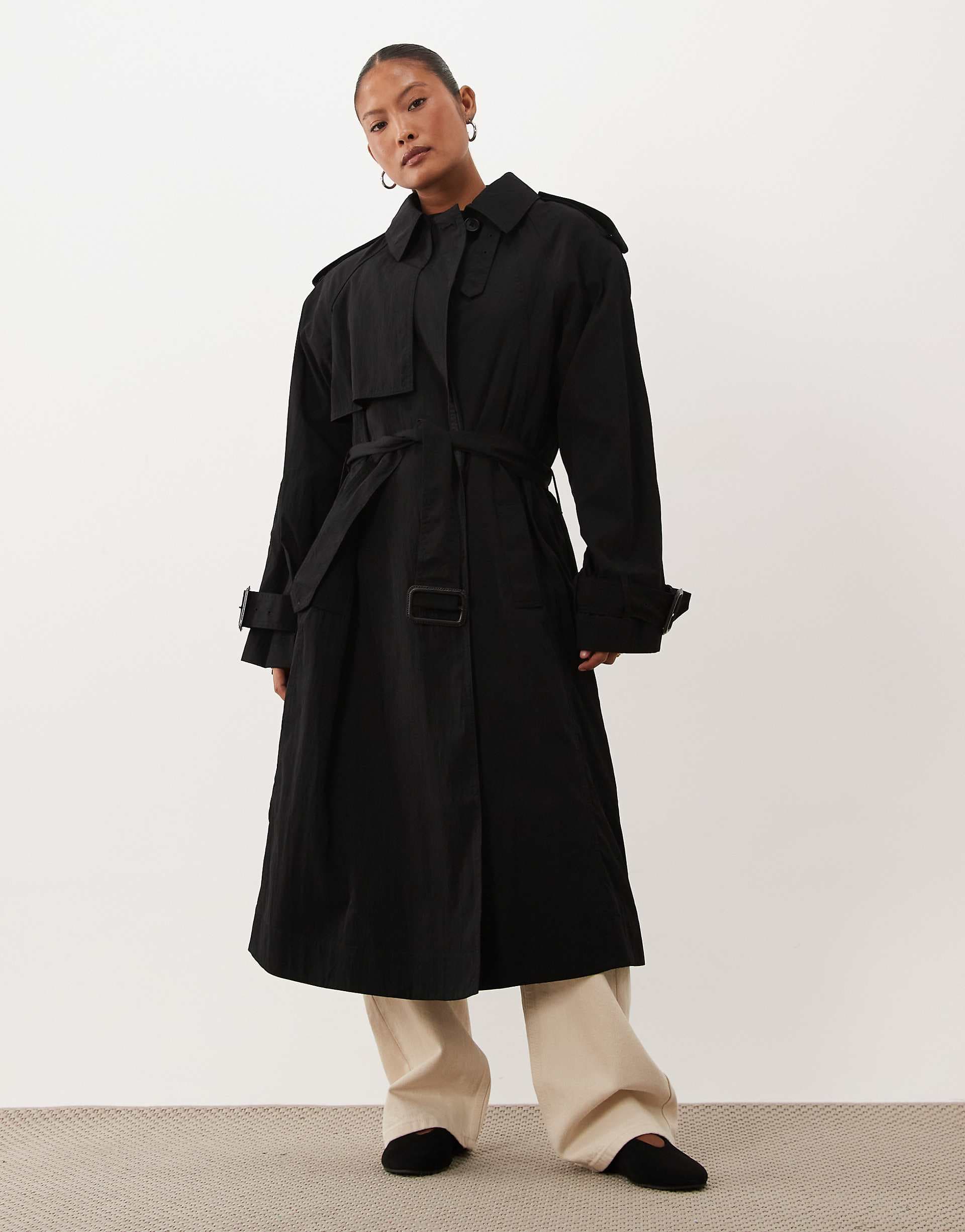 ASOS DESIGN Petite longline oversized trench coat in black