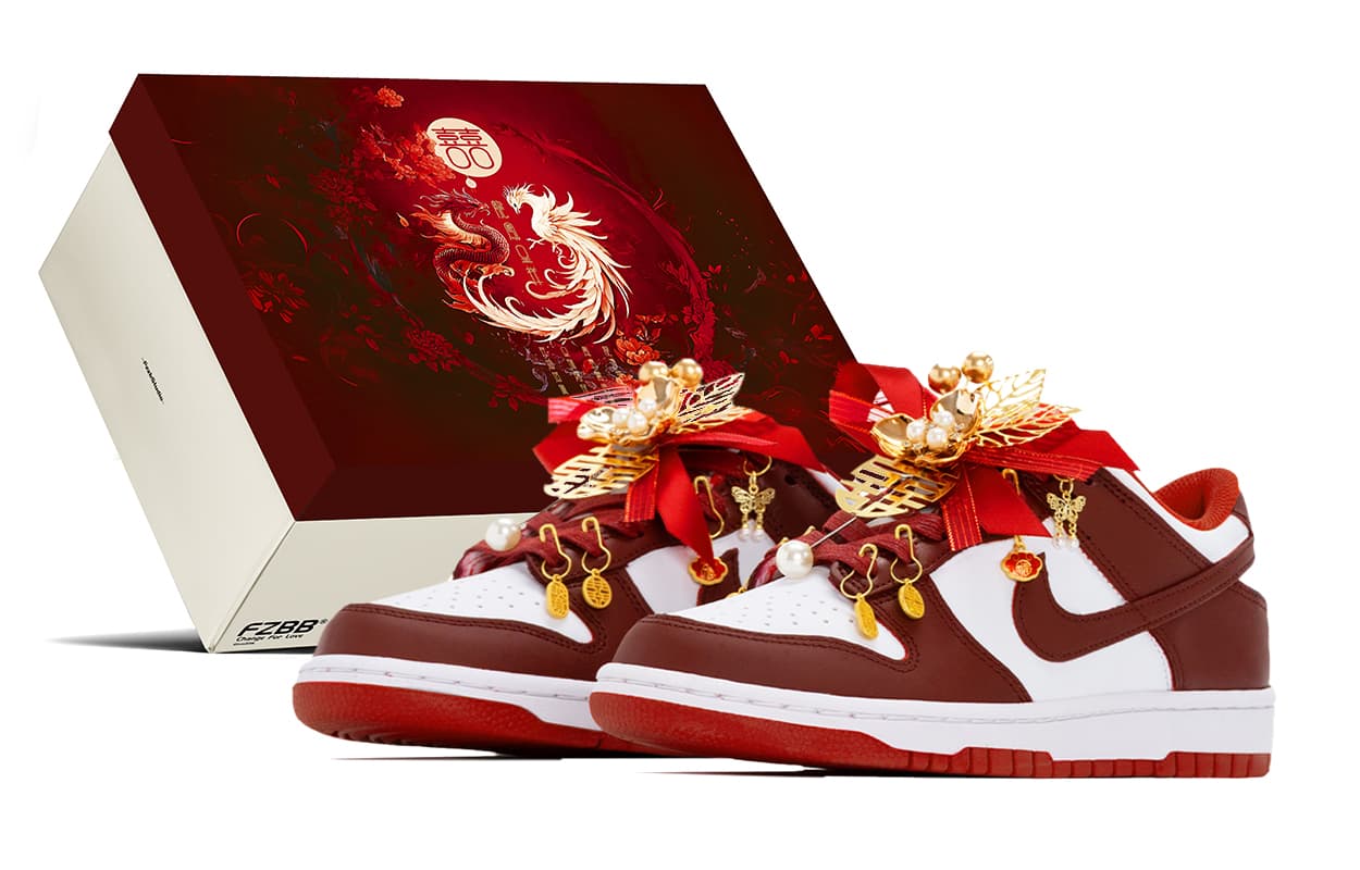 Nike Dunk Low 'Dragon & Phoenix' Custom Wedding Shoes Gift Box GS Burgundy Slip-Resistant Low-Top Sneakers Unisex White Red