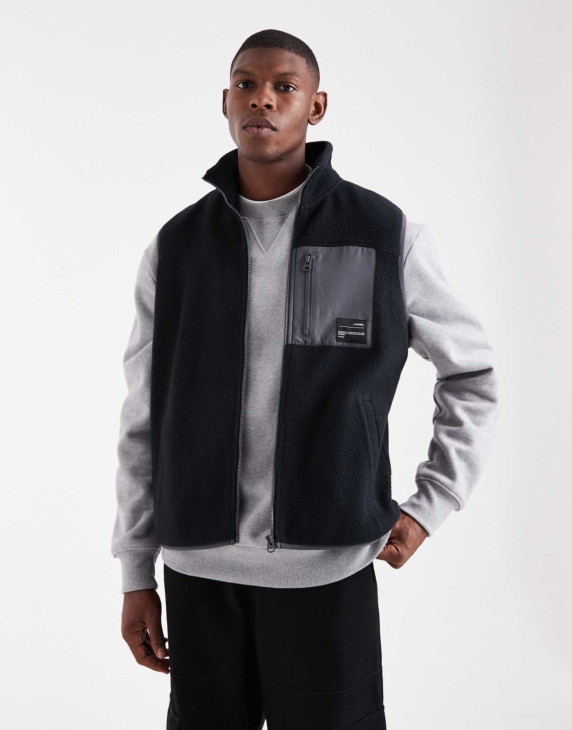 JJ Rebel zip borg fleece vest in black