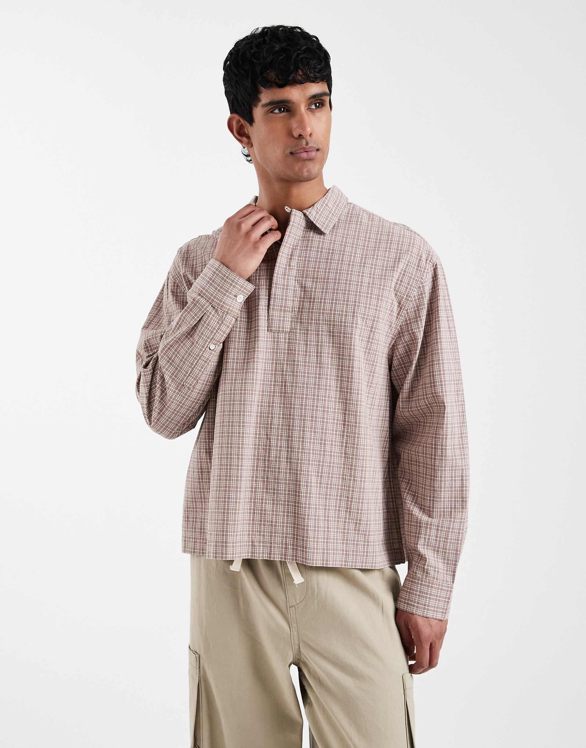 ASOS DESIGN boxy oversized overhead plaid shirt in brown