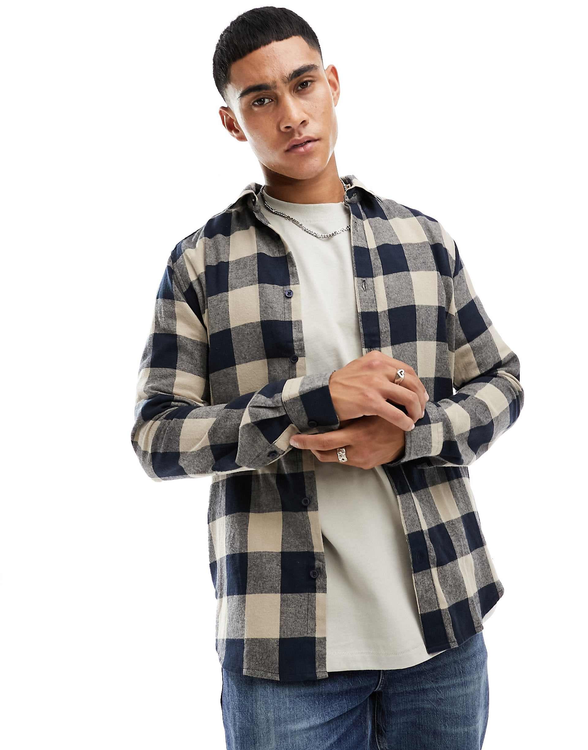 Only & Sons buffalo check shirt in navy and beige