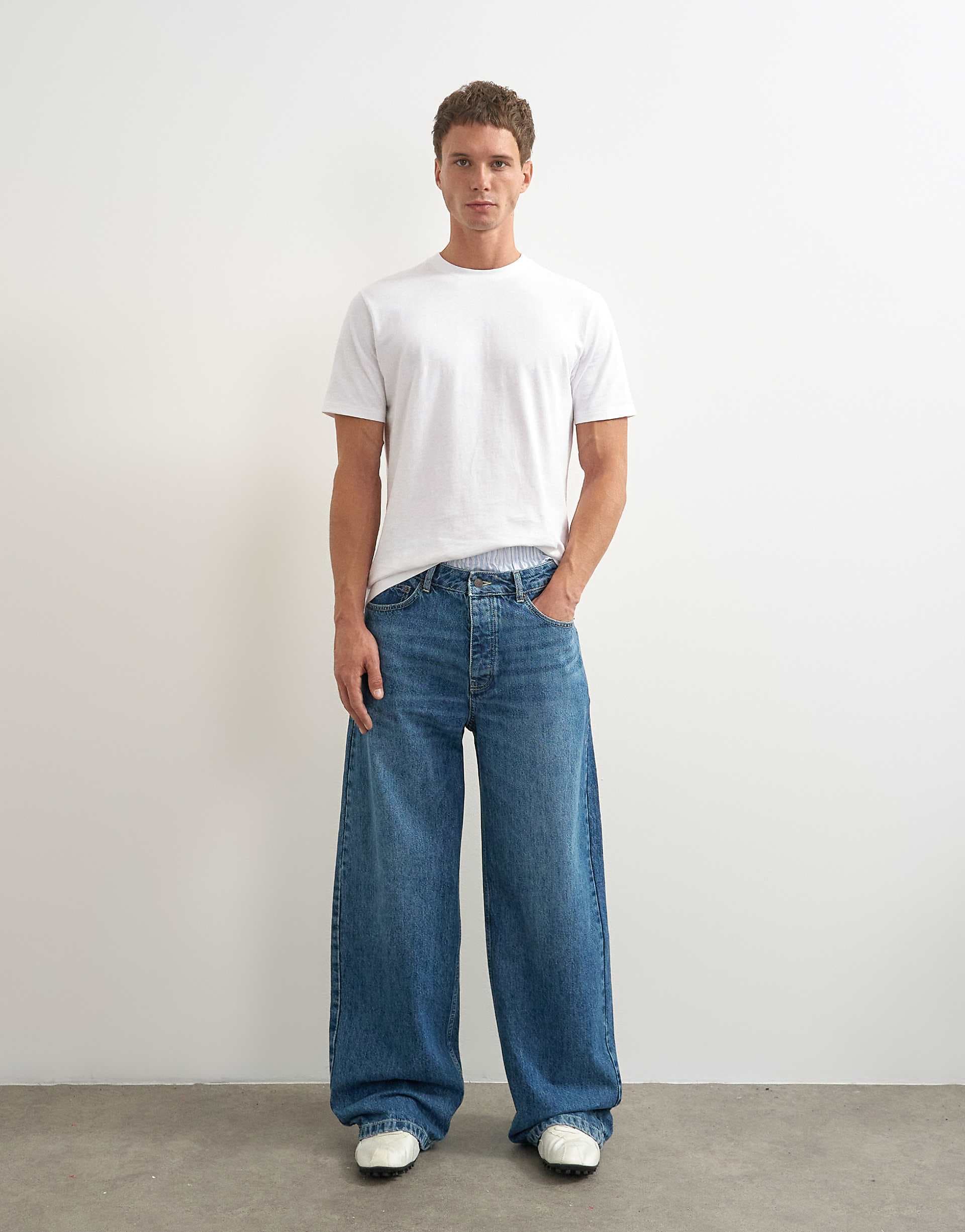 Topman rigid baggy fit jeans in mid wash