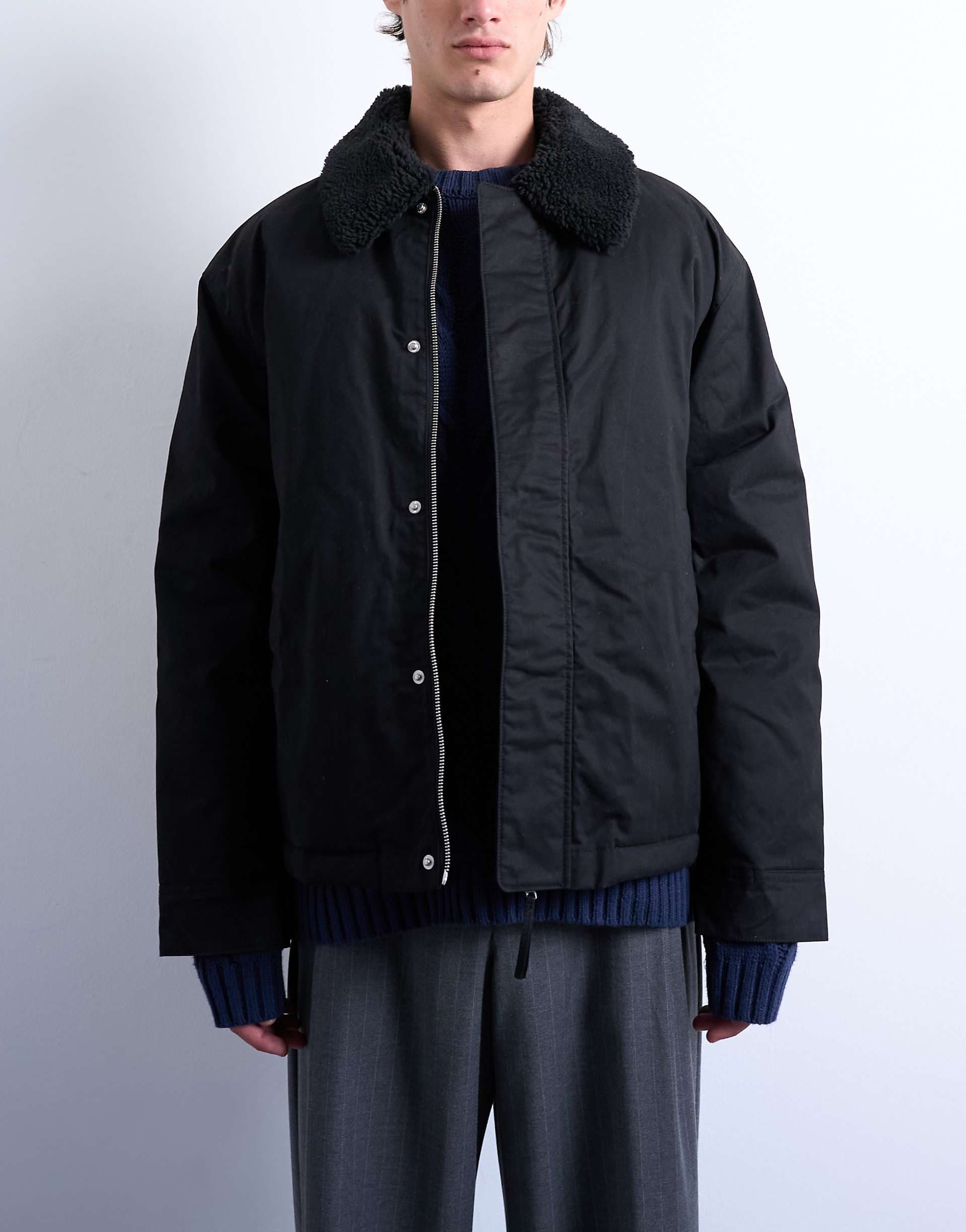 Topman padded coach jacket with teddy collar in black