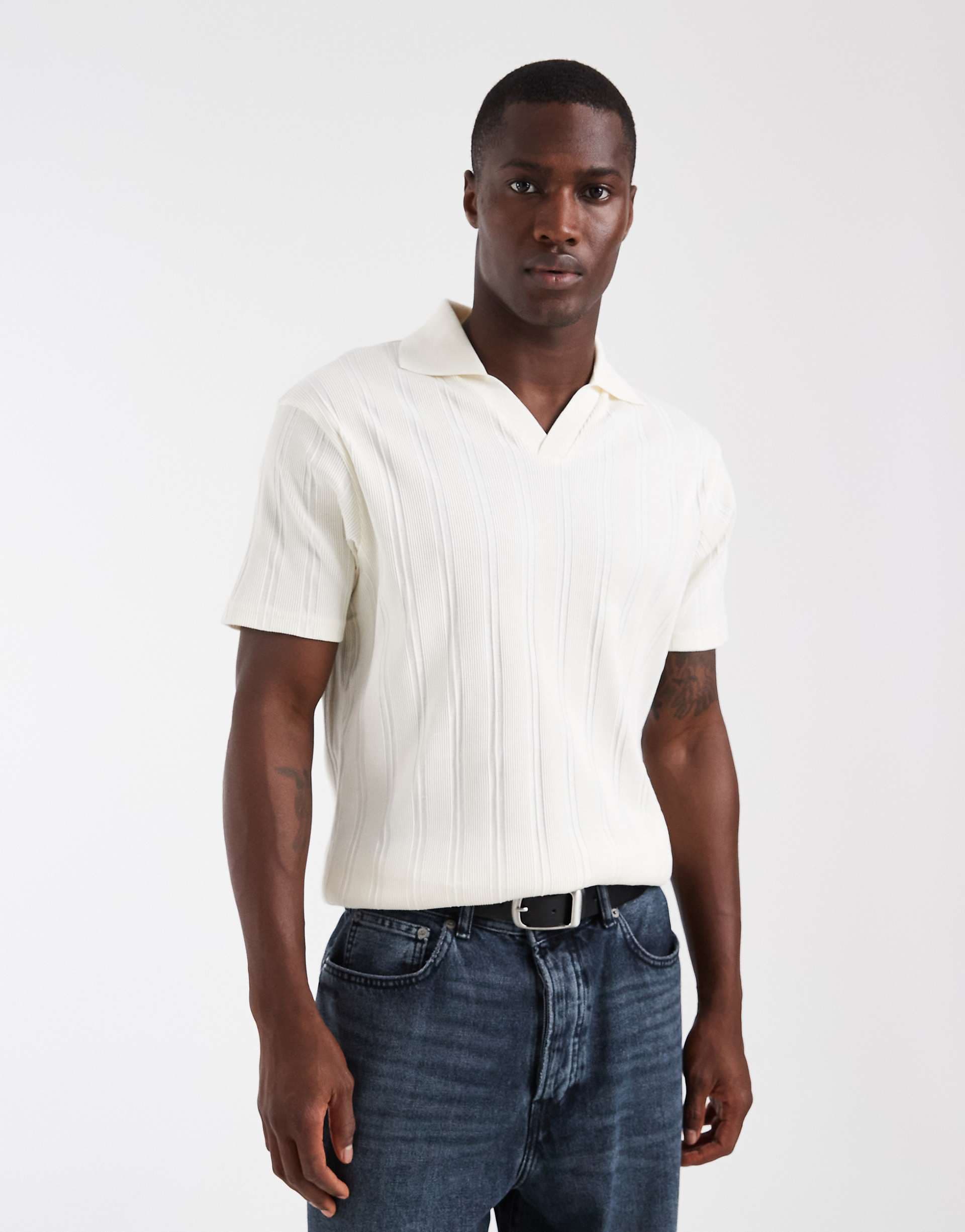 ASOS DESIGN slim fit notch neck polo shirt in cream rib knit