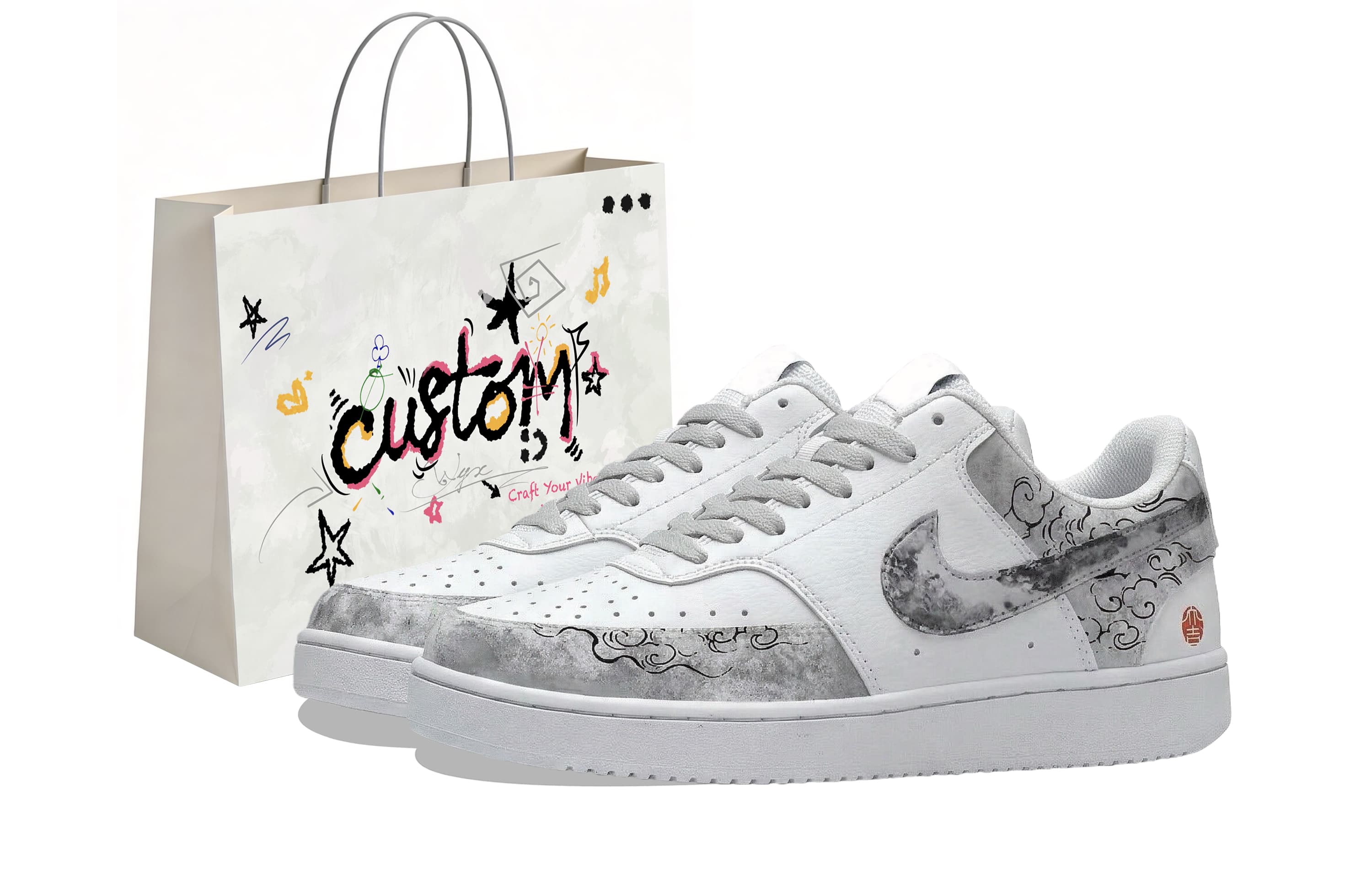 Custom SneakersNike Court Vision "Jiang Jin Yue" "Yun Yan Meng Ze" Splash Painting Hand-Painted New Chinese Style Simple Vintage White Shoes Cushioning Wear-Resistant Slip-On Low-Top Skate Shoes Unisex Gray-White
