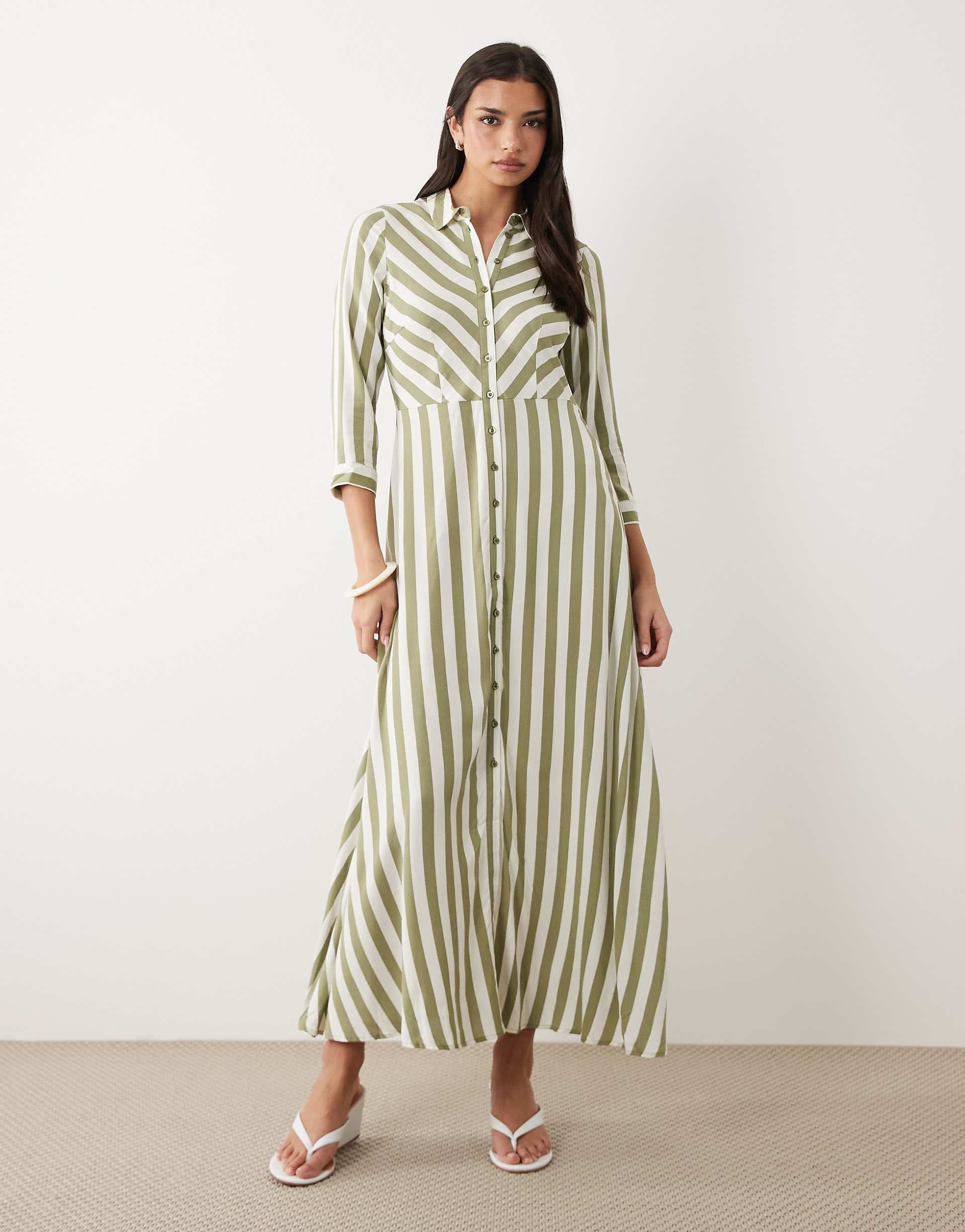 YAS maxi shirt dress in white and oil green stripes