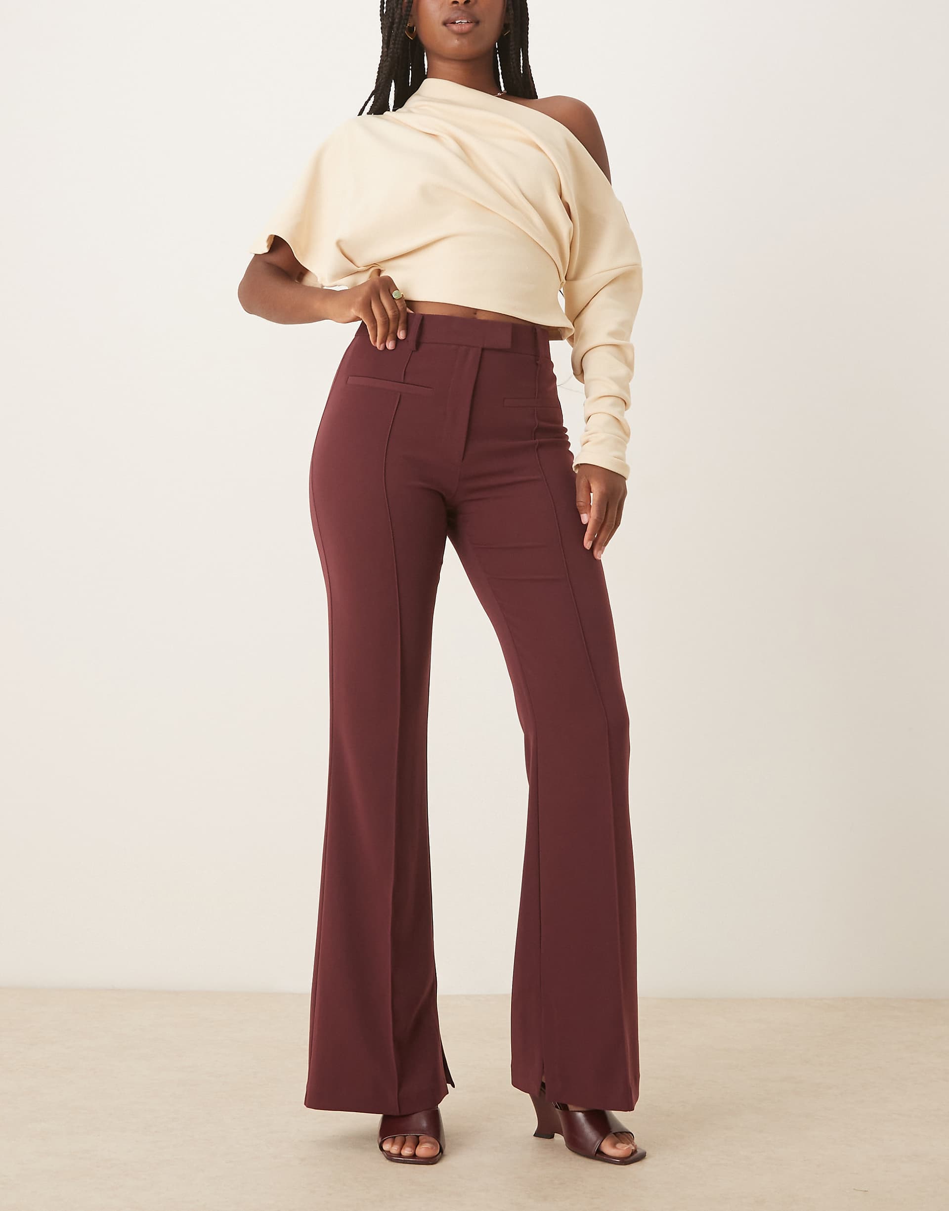 ASOS DESIGN tailored slinky flare suit pants in plum