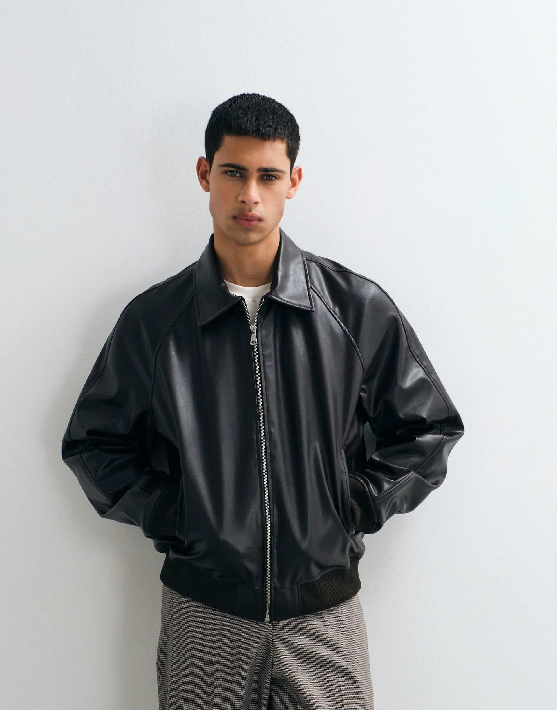 Jack & Jones padded pu leather bomber jacket in black