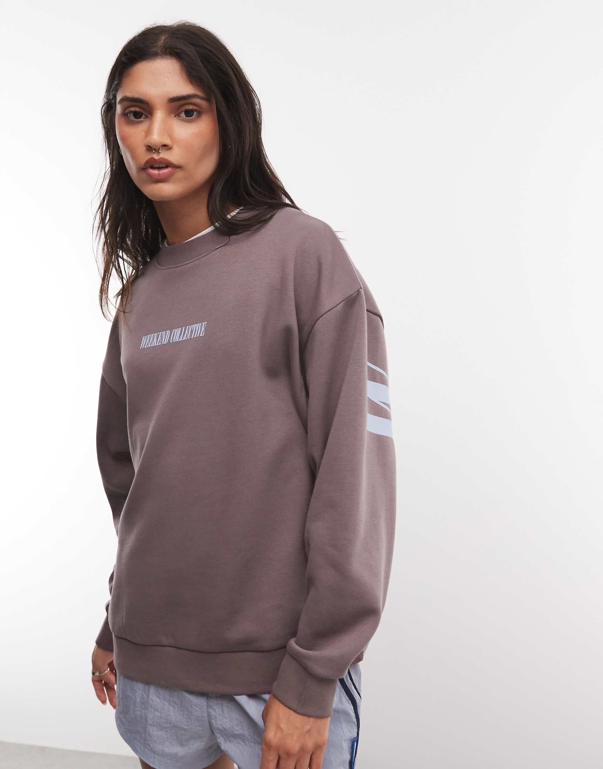 Weekend Collective Icon stacked back logo sweatshirt in charcoal and blue