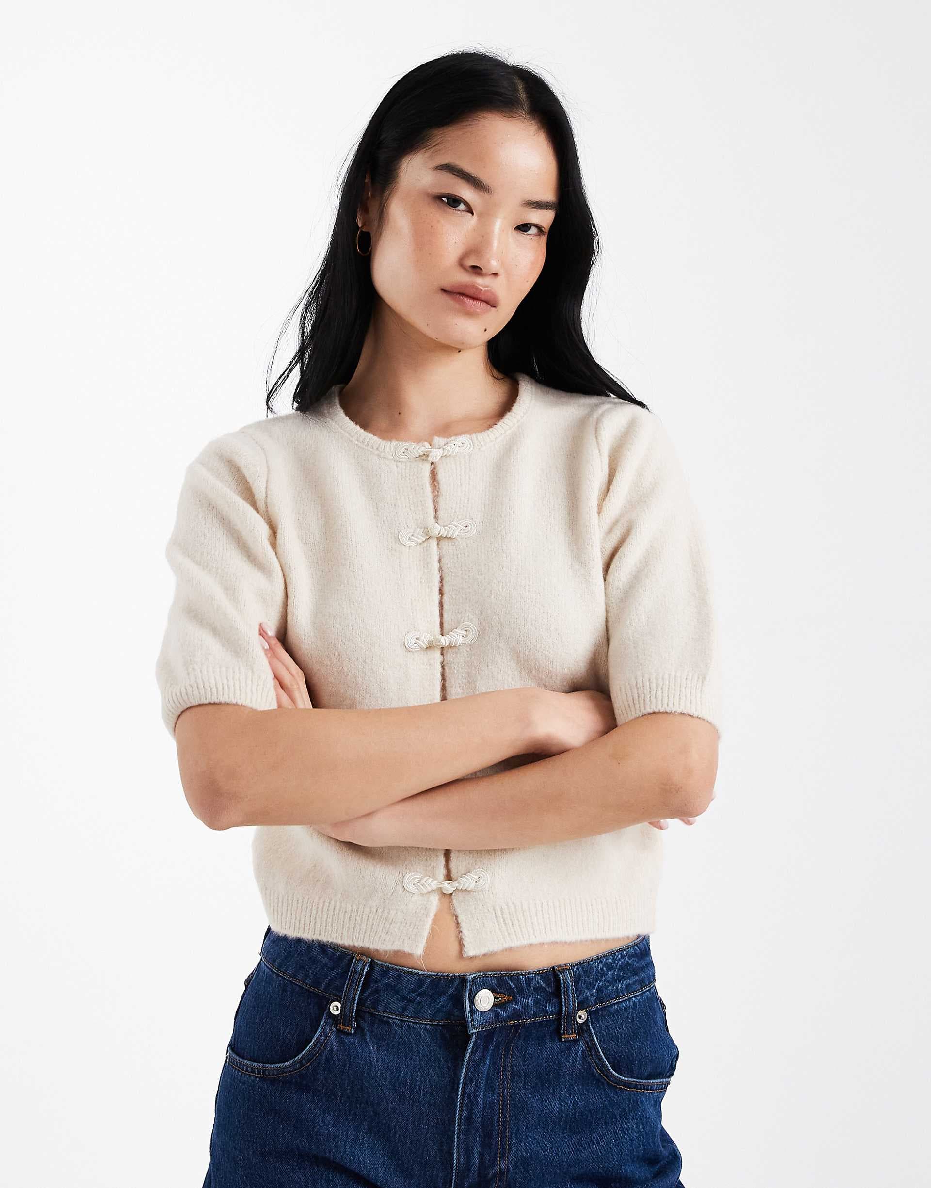 ASOS DESIGN fluffy knit cardigan with frog closures in ecru