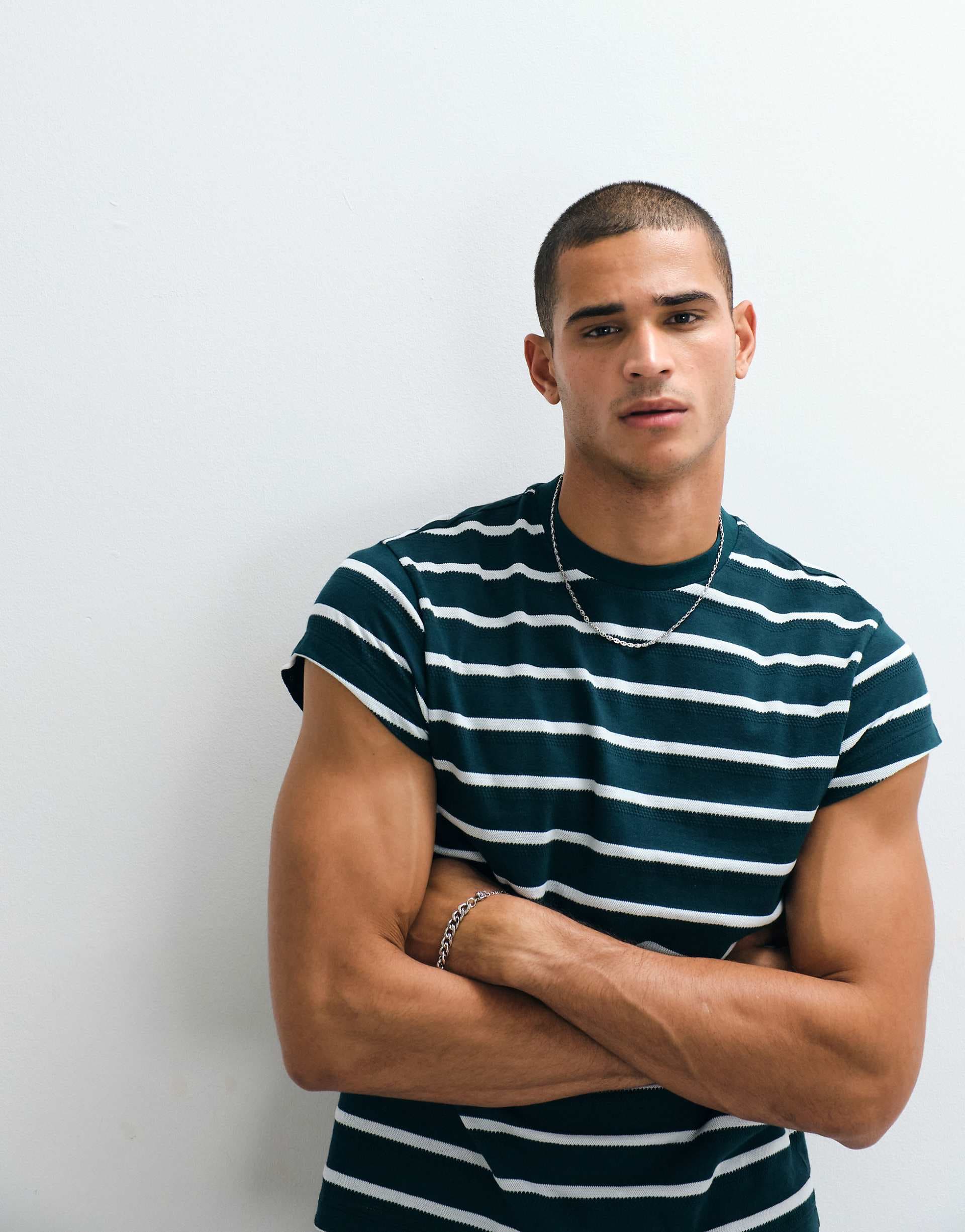 ASOS DESIGN boxy regular cap sleeve T-shirt in green stripe