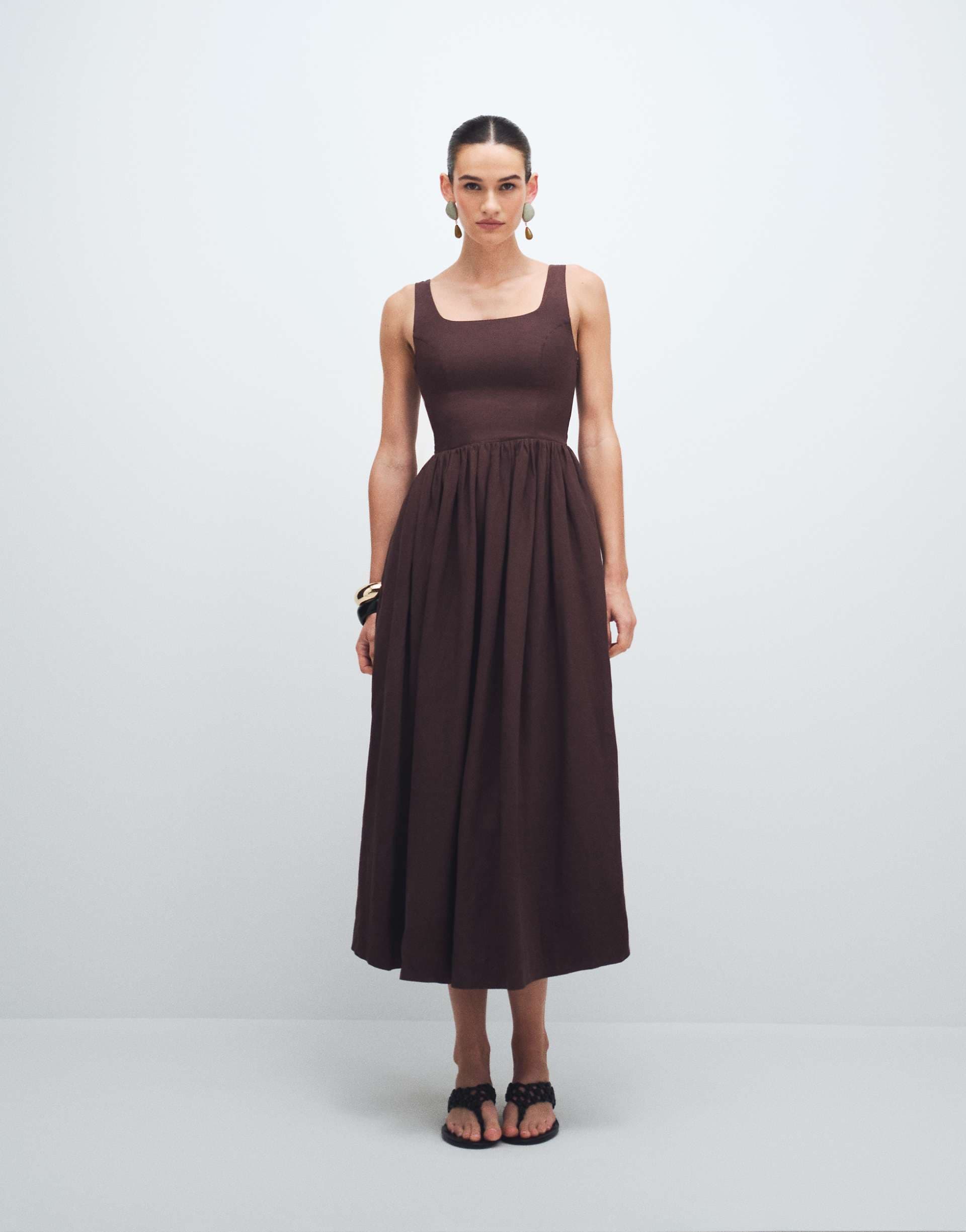 & Other Stories midaxi dress with fitted bodice and volume hem in brown