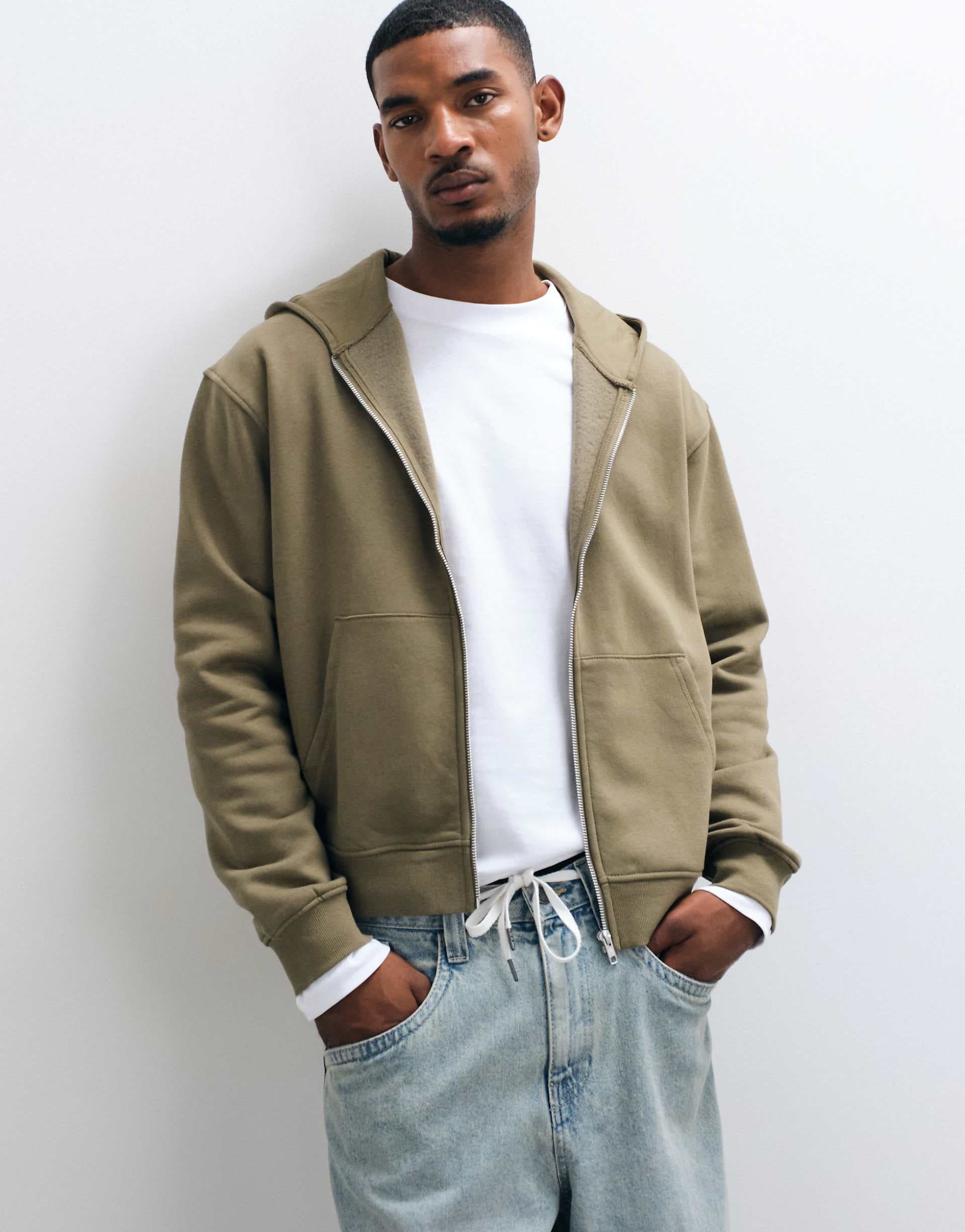 ASOS DESIGN Essentials boxy relaxed zip through hoodie in khaki
