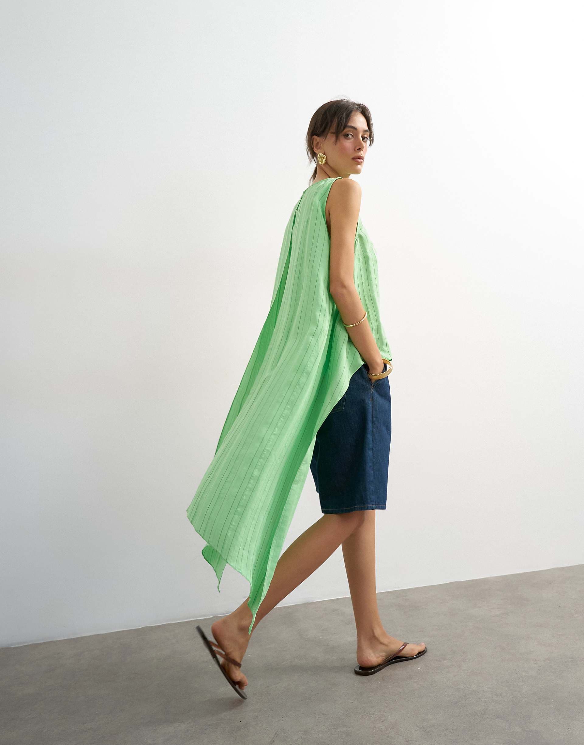 Topshop cape detail top in green pinstripe