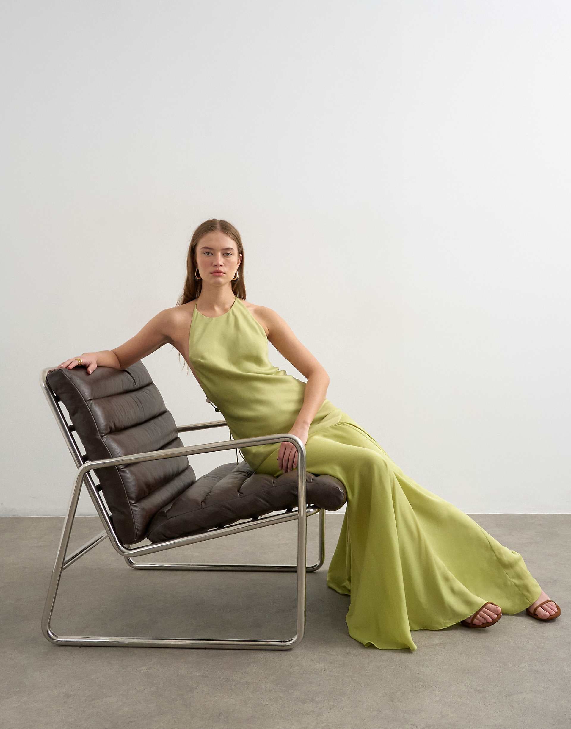 Topshop satin halter neck maxi dress with beaded back detailing in lime